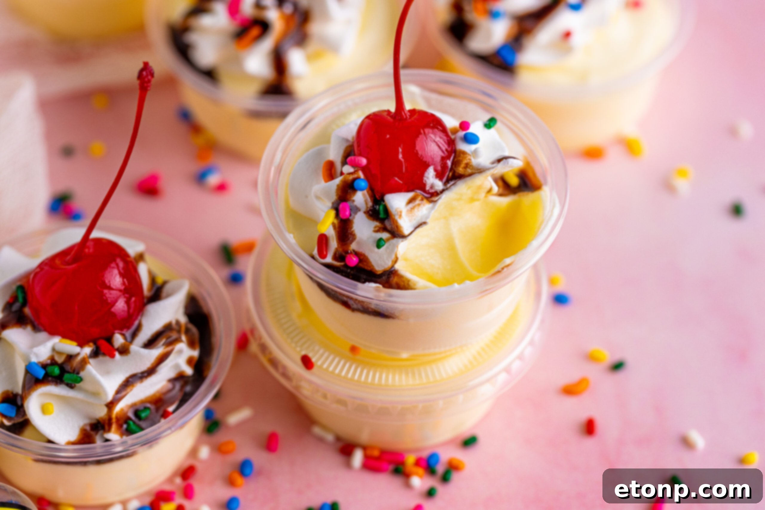 Banana pudding shots with a scoop missing topped with a cherry, whipped cream and chocolate sauce 