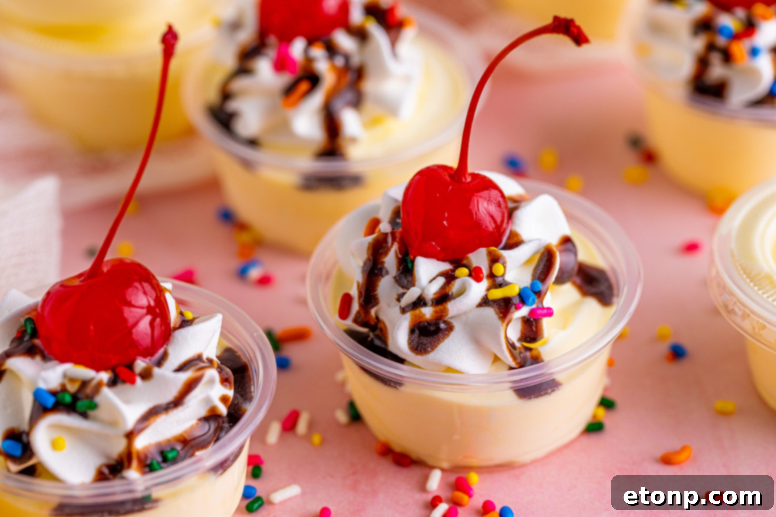 view of Banana Split Shots surrounded by rainbow sprinkles.