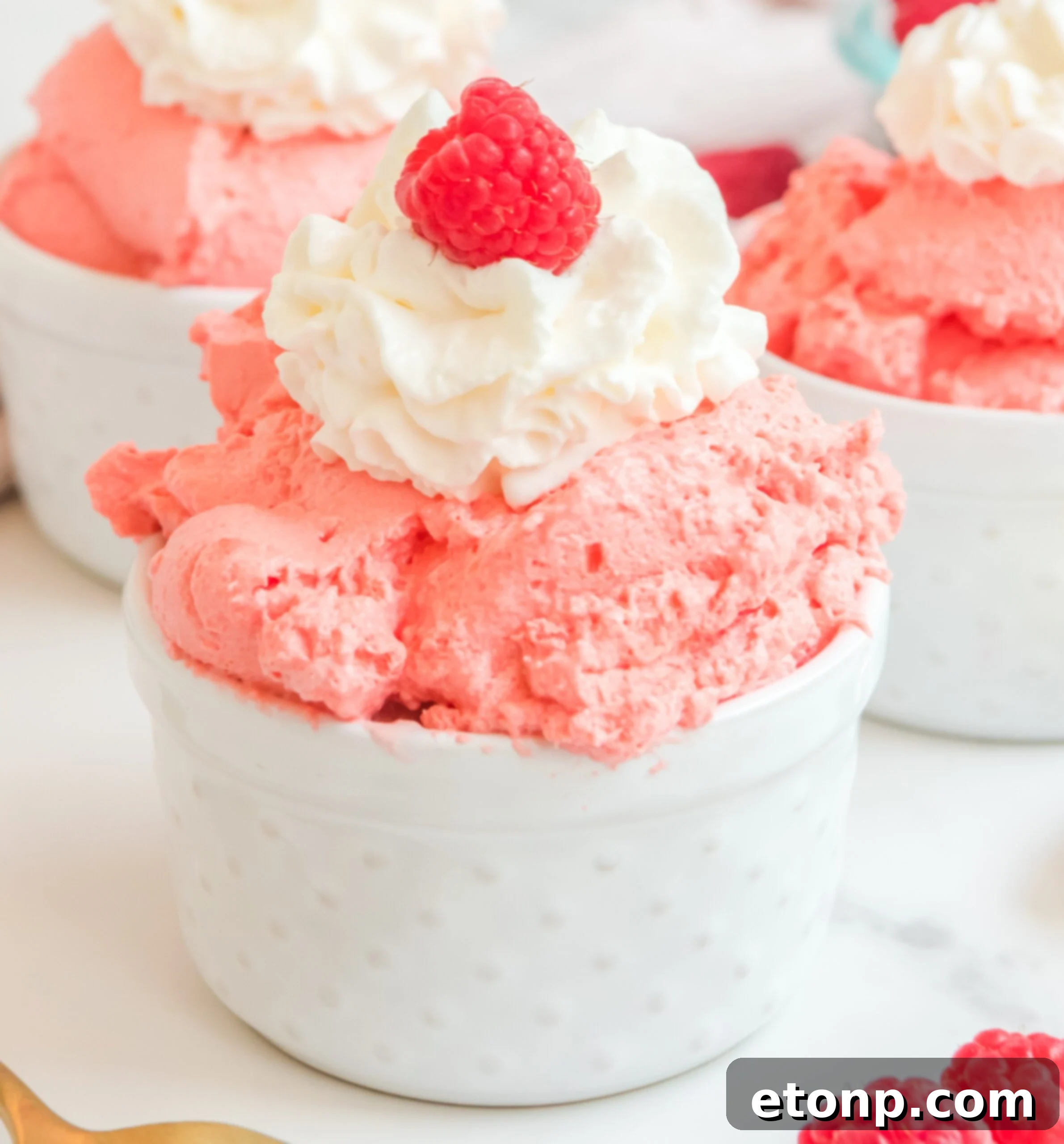 Raspberry Fluff in a white bowl, elegantly topped with a generous swirl of whipped cream and a single fresh raspberry, resting on a white surface.