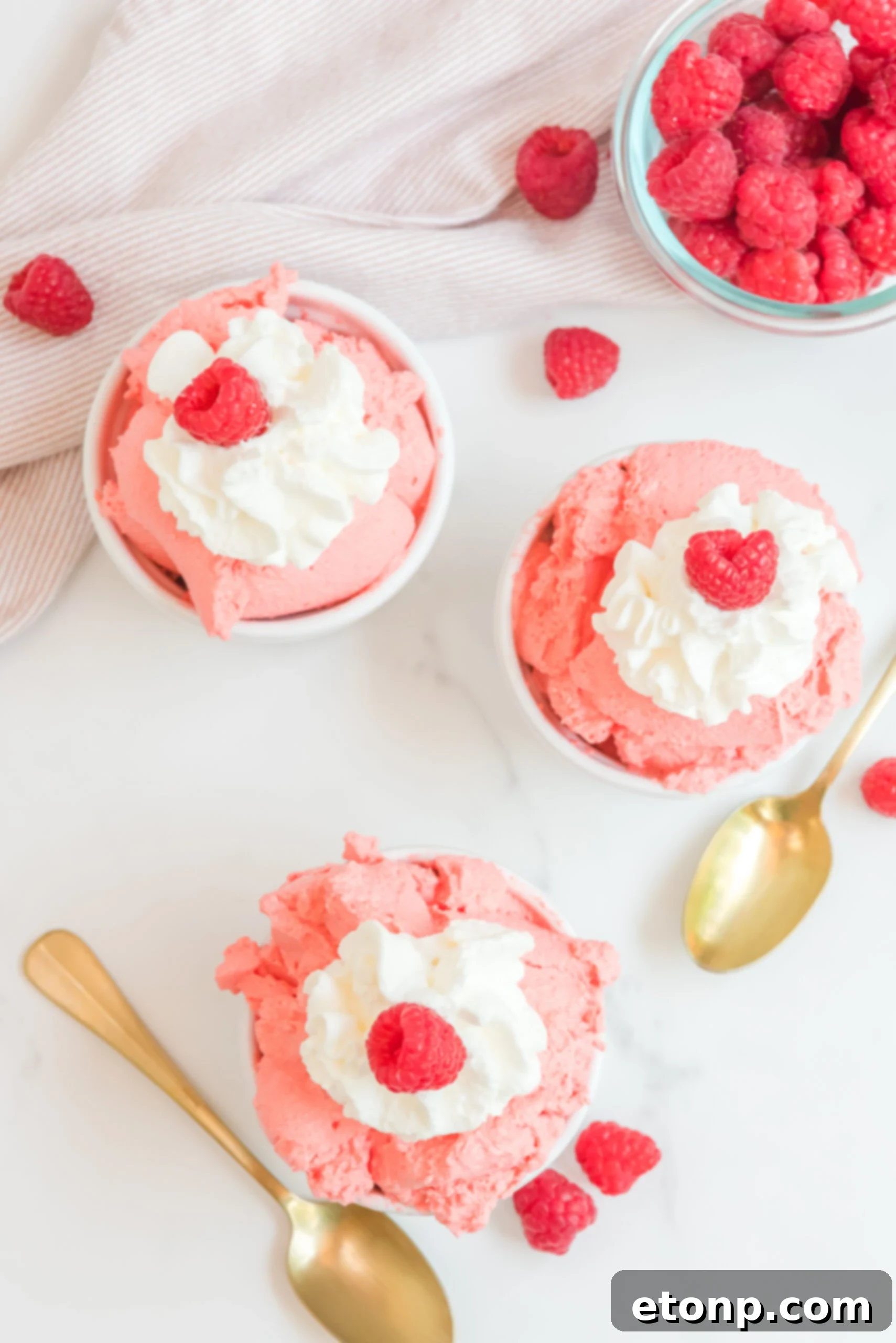 Overhead view of Raspberry Jello Fluff in three white dishes, beautifully garnished with fresh whipped cream swirls and whole fresh raspberries.