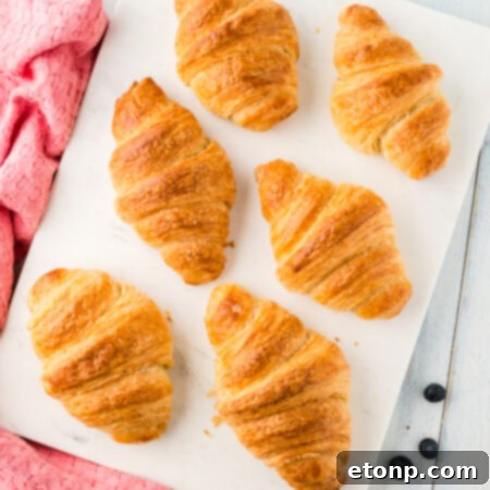 Overhead view of Homemade Croissants on a white serving dish.