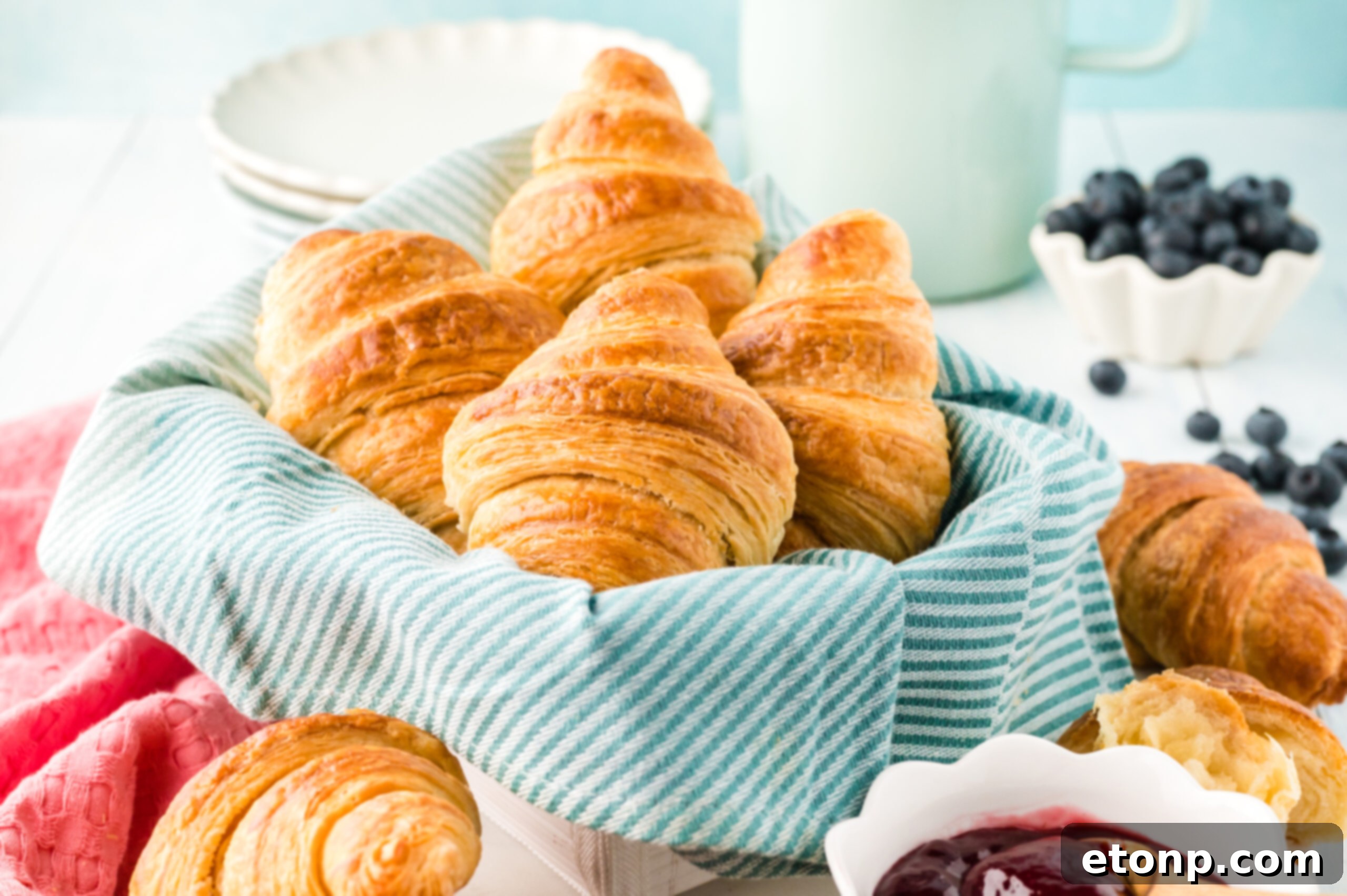 Croissants in a linen lined basket 