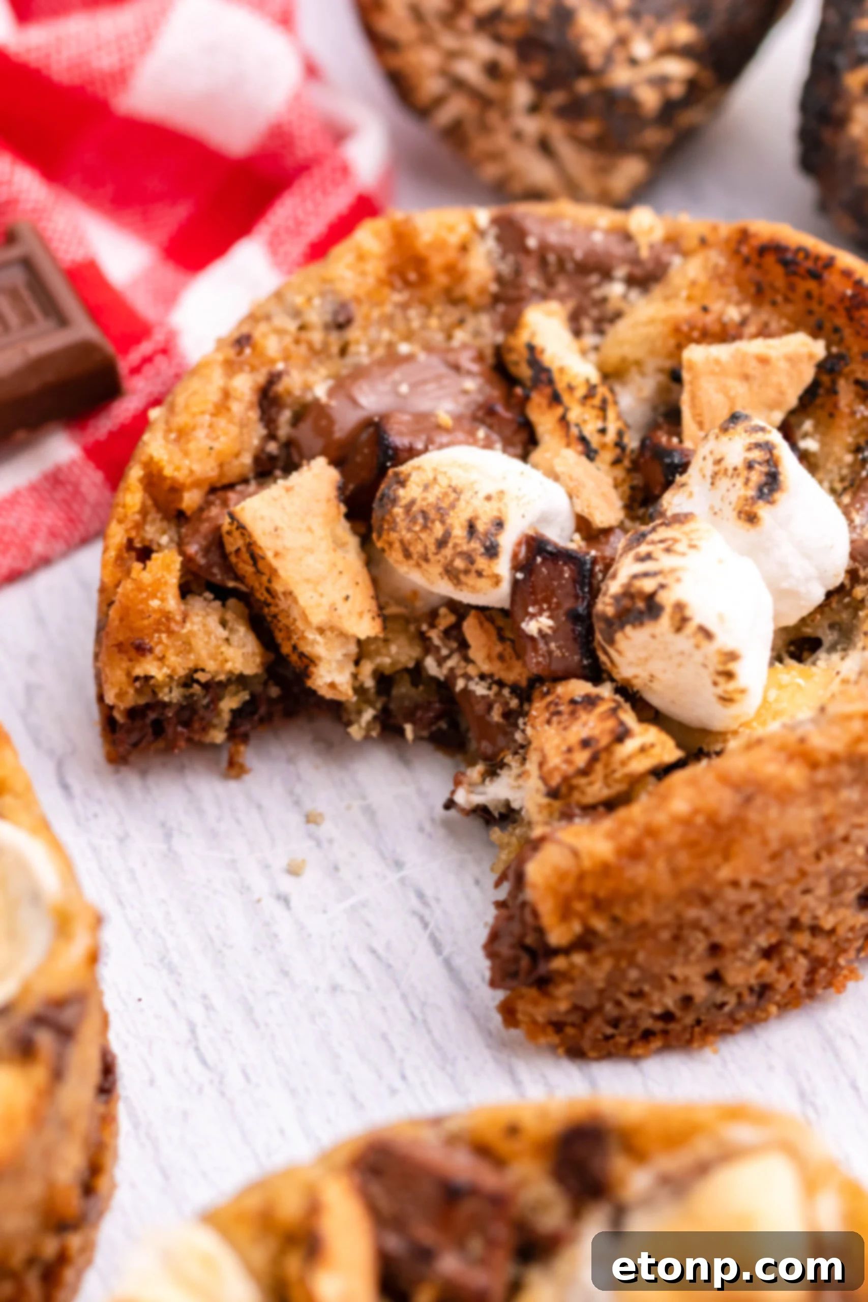 Overhead view of Deep Dish S’mores Cookies with a bite removed.