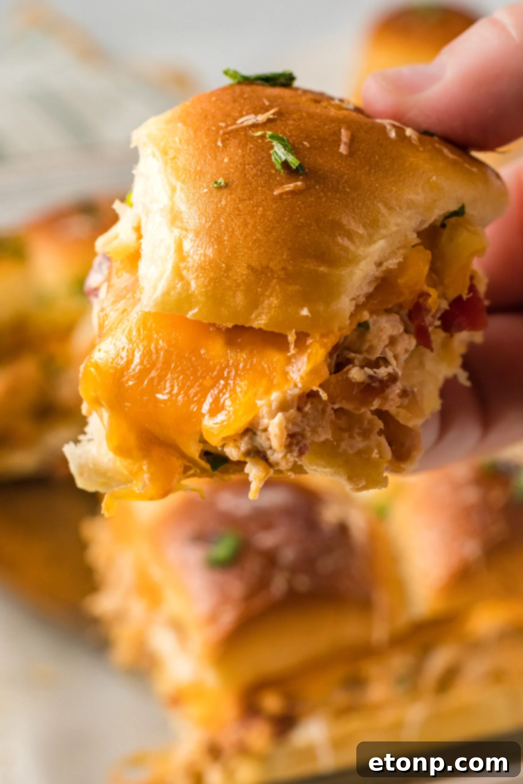 Up close view of Crack Chicken Sliders
being held.