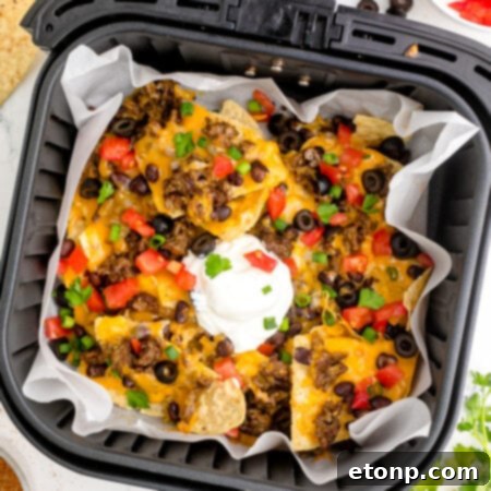 Overhead view of Air Fryer Nachos in an air fryer basket.