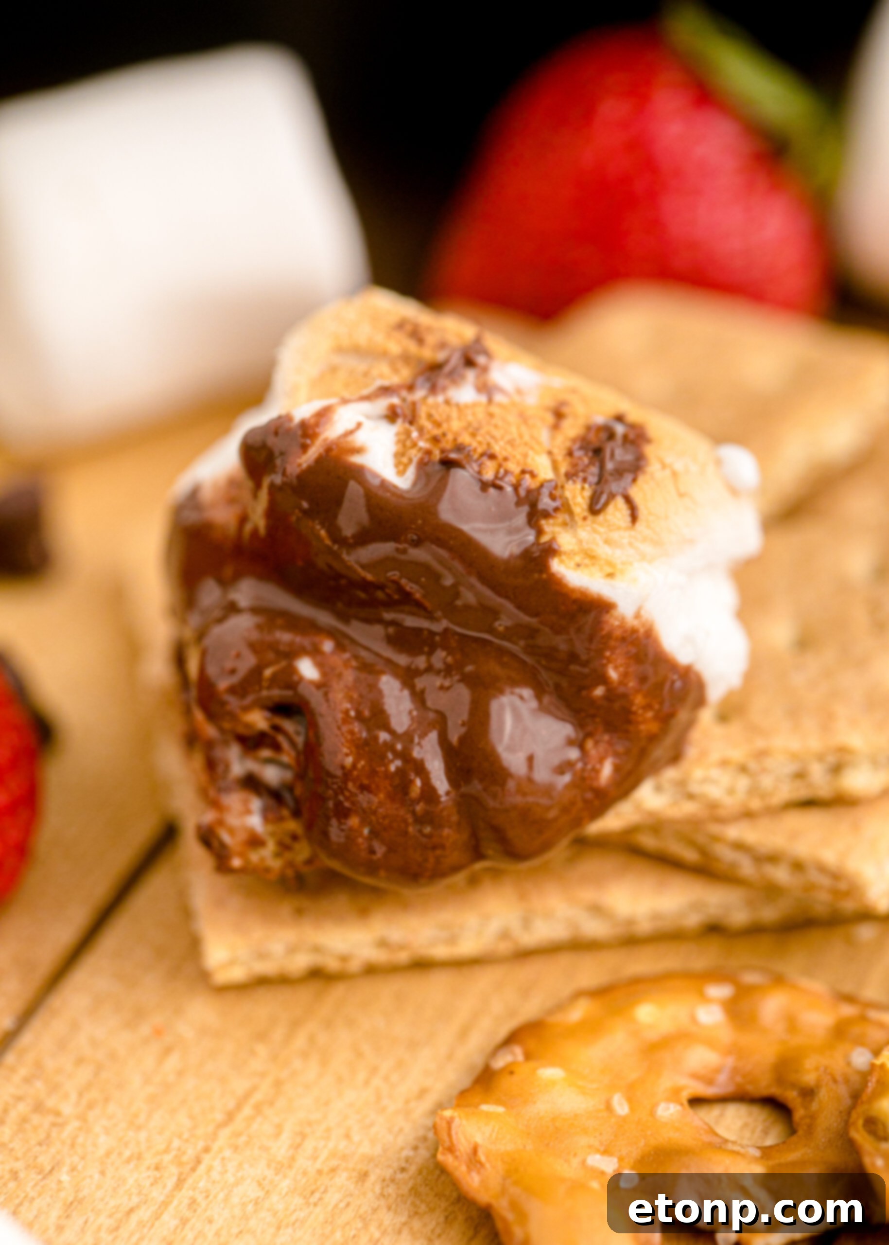 A close-up of a graham cracker generously coated with the warm, melted S'mores Dip, highlighting its irresistible texture.
