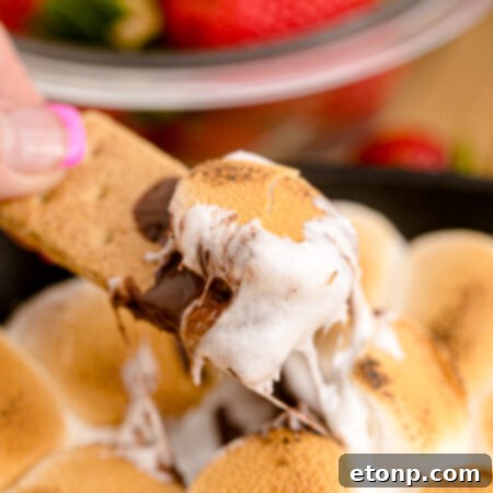 A close-up view of a perfectly toasted S'mores Dip, featuring golden-brown marshmallows over a rich chocolate base in a cast iron skillet.