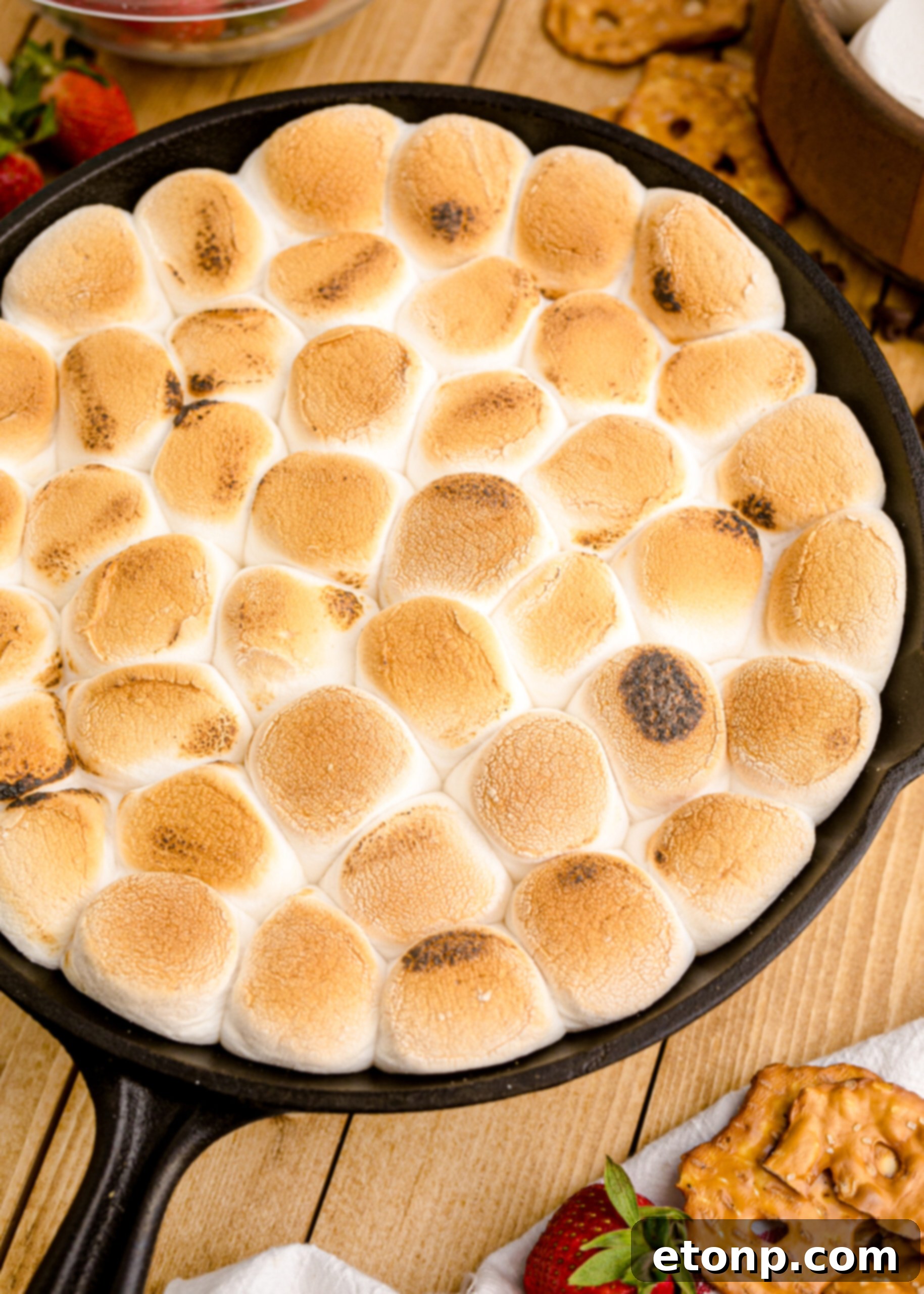 Another overhead shot of the S’mores Dip in a cast iron skillet, emphasizing its golden-brown marshmallow topping and rich chocolate base.