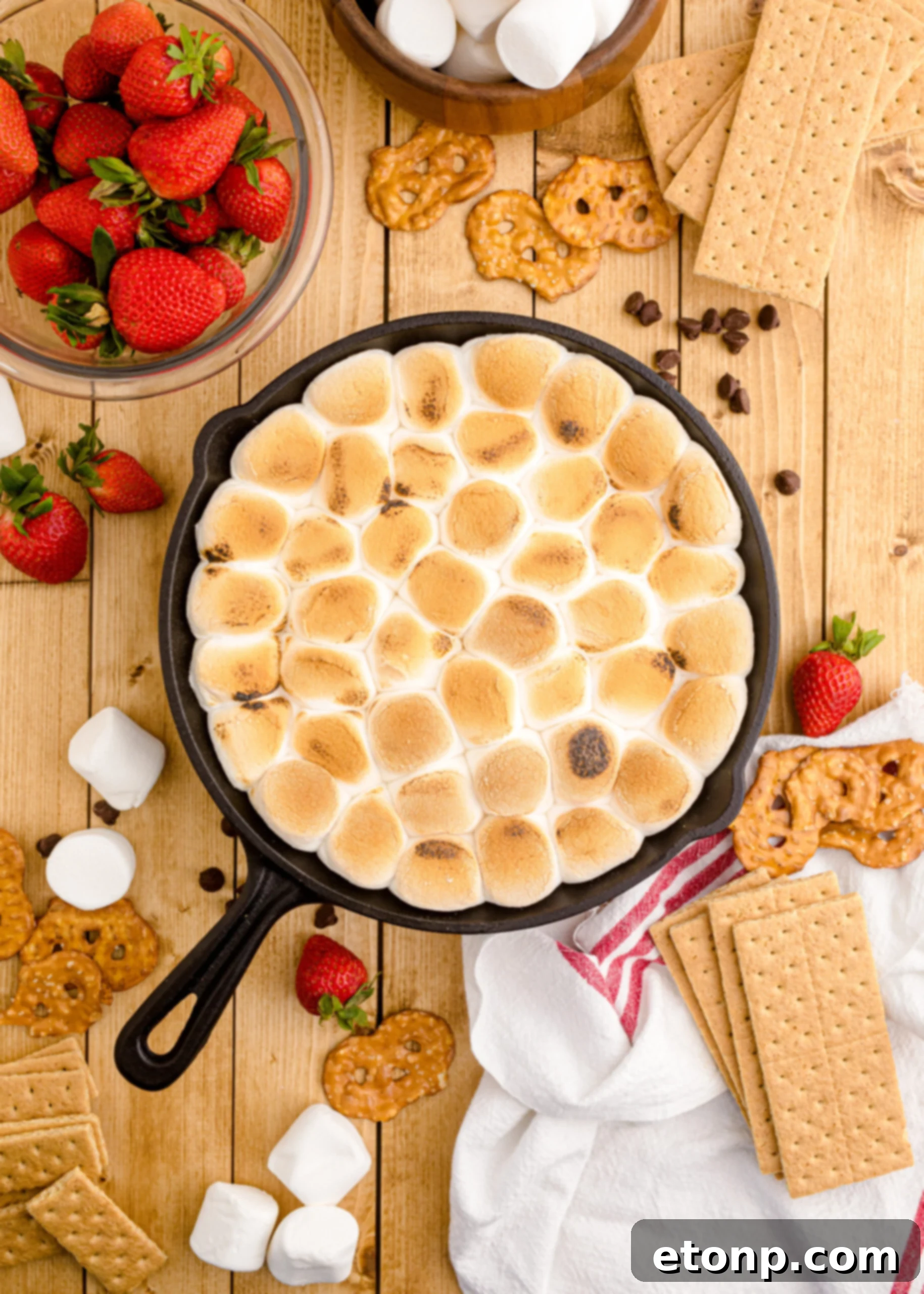 A visually appealing overhead view of the finished S’mores Dip, highlighting its irresistible texture and inviting warmth.