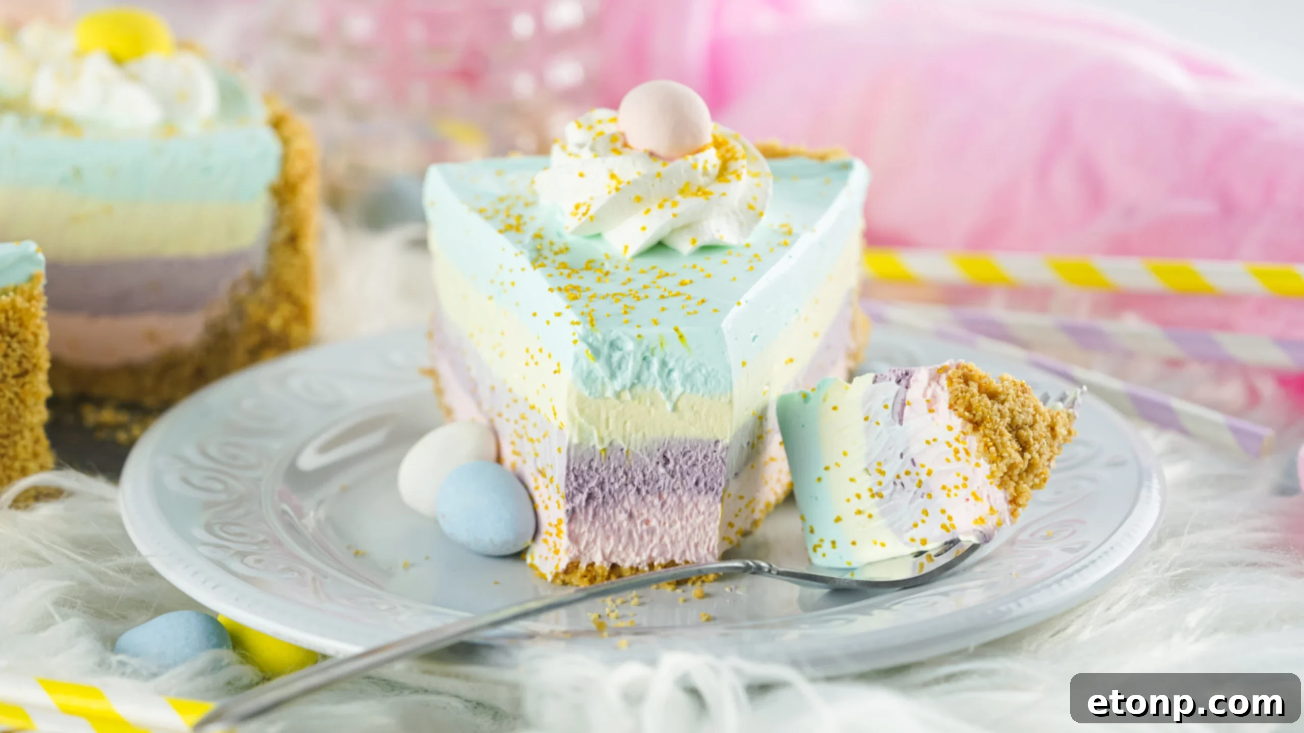 Close up view view of Easter Kool Aid Pie with a bite removed 