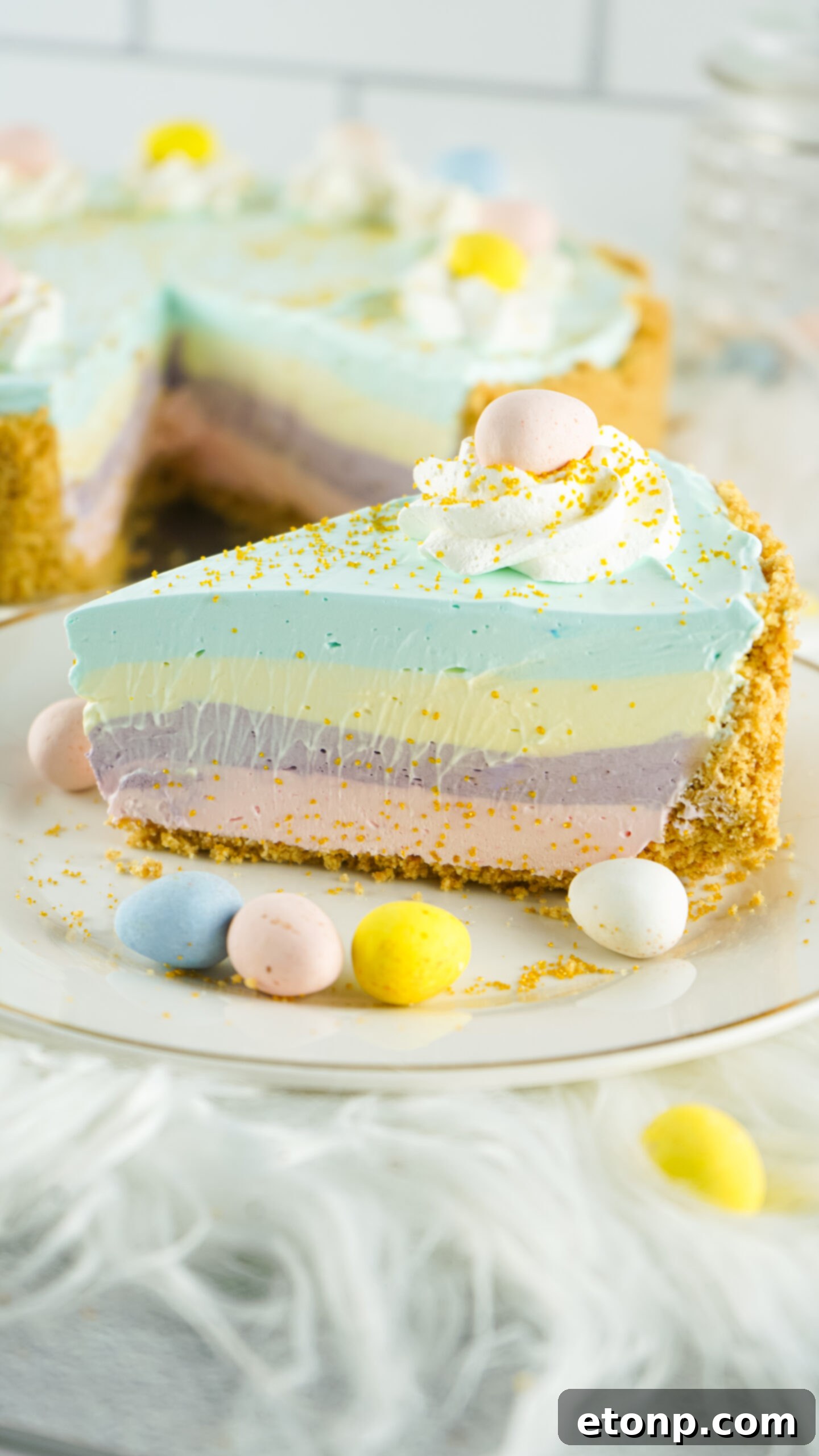 Easter Kool Aid Pie slice on a white plate 