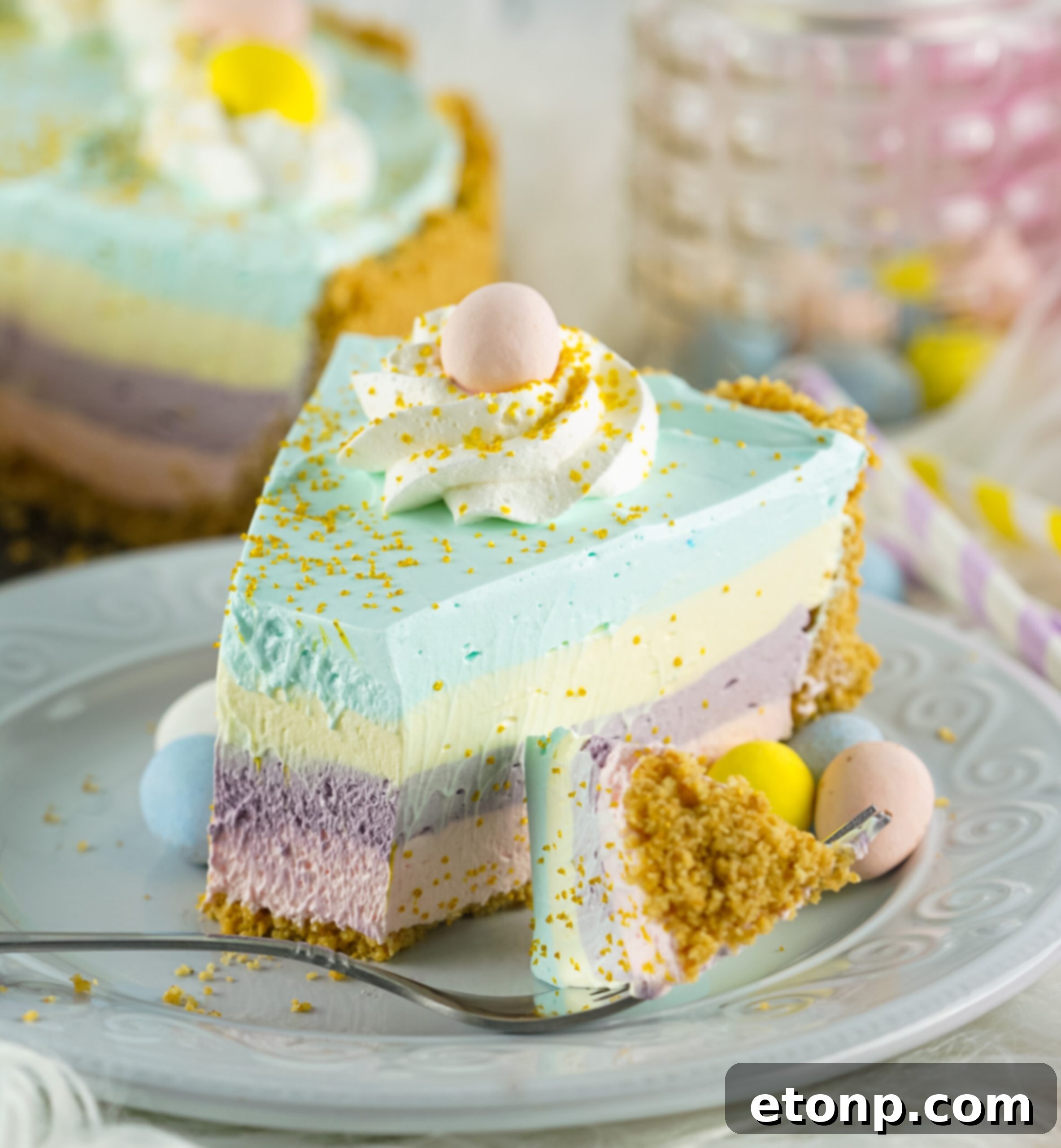 Close up view view of Easter Kool Aid Pie slice on a plate
