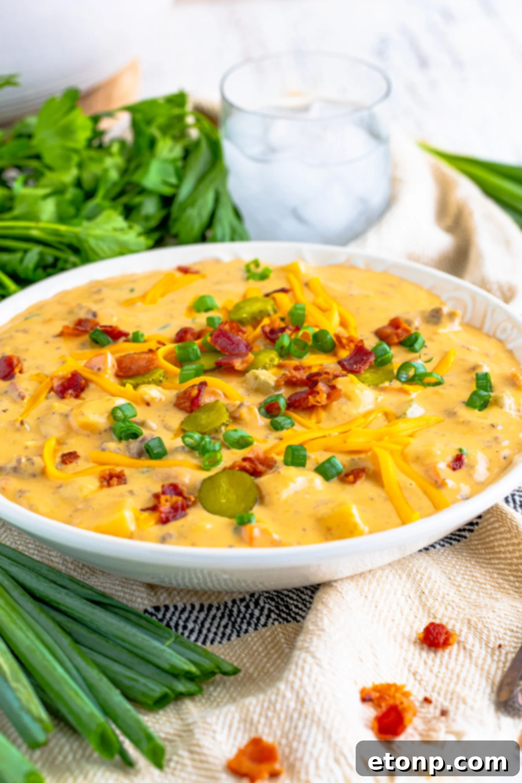 Bacon Cheeseburger Bliss in a Bowl 3 Cheeseburger bacon soup in a white bowl topped with bacon, cheese, and green onion.