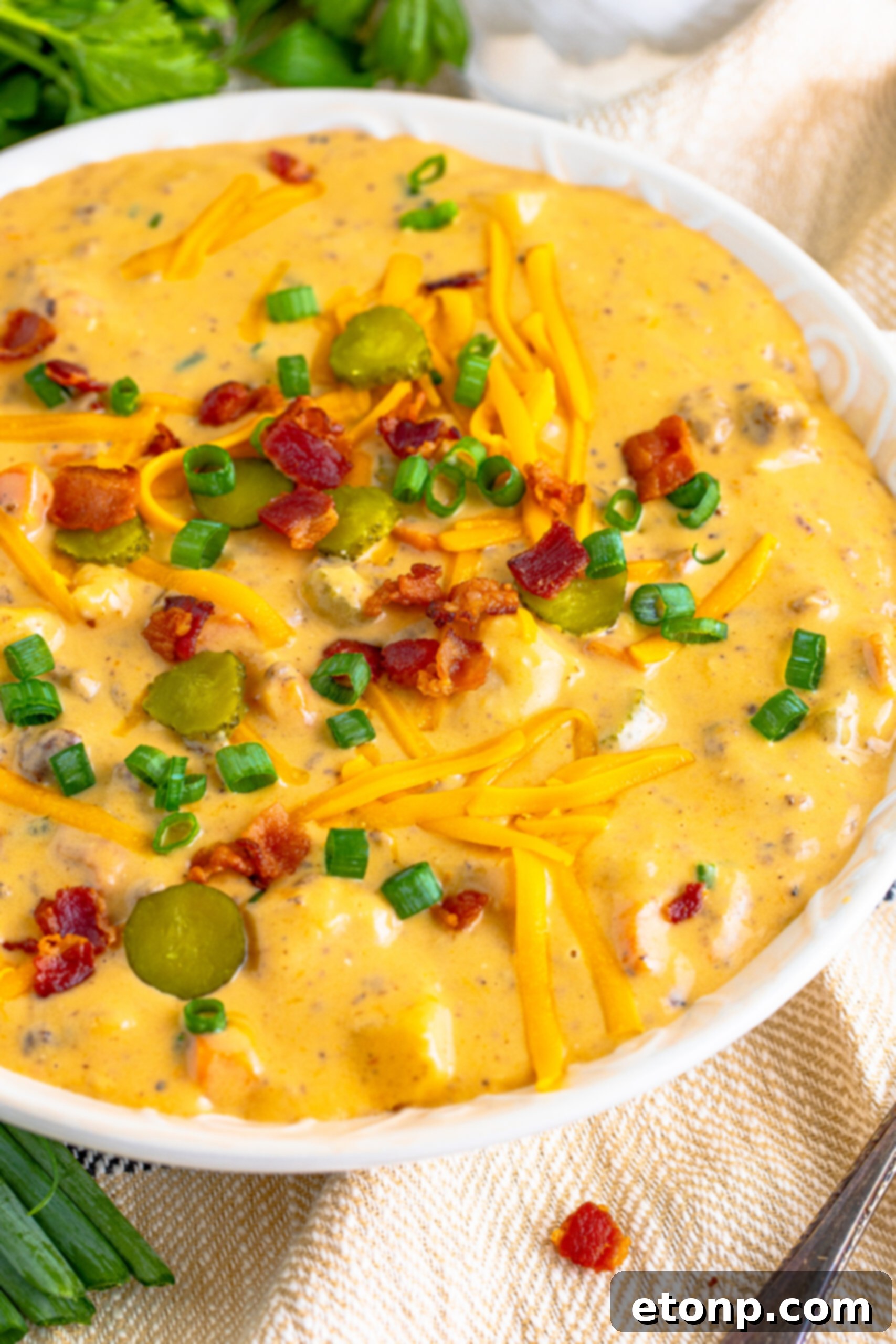 Bacon Cheeseburger Bliss in a Bowl 4 Cheeseburger bacon soup in a white bowl topped with bacon, cheese, and green onion.