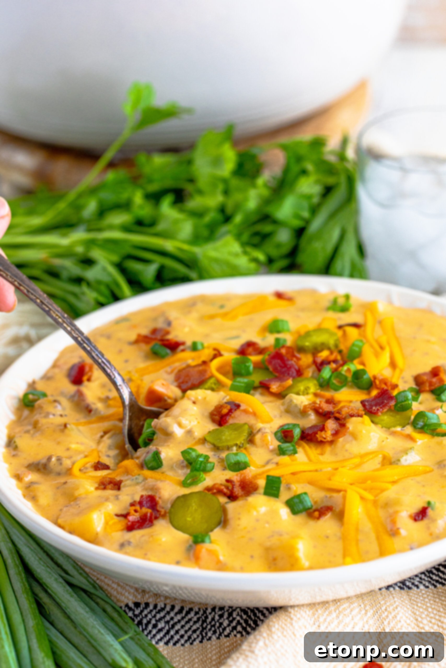 Bacon Cheeseburger Bliss in a Bowl 6 Cheeseburger bacon soup in a white bowl with a silver spoon removing a bite.