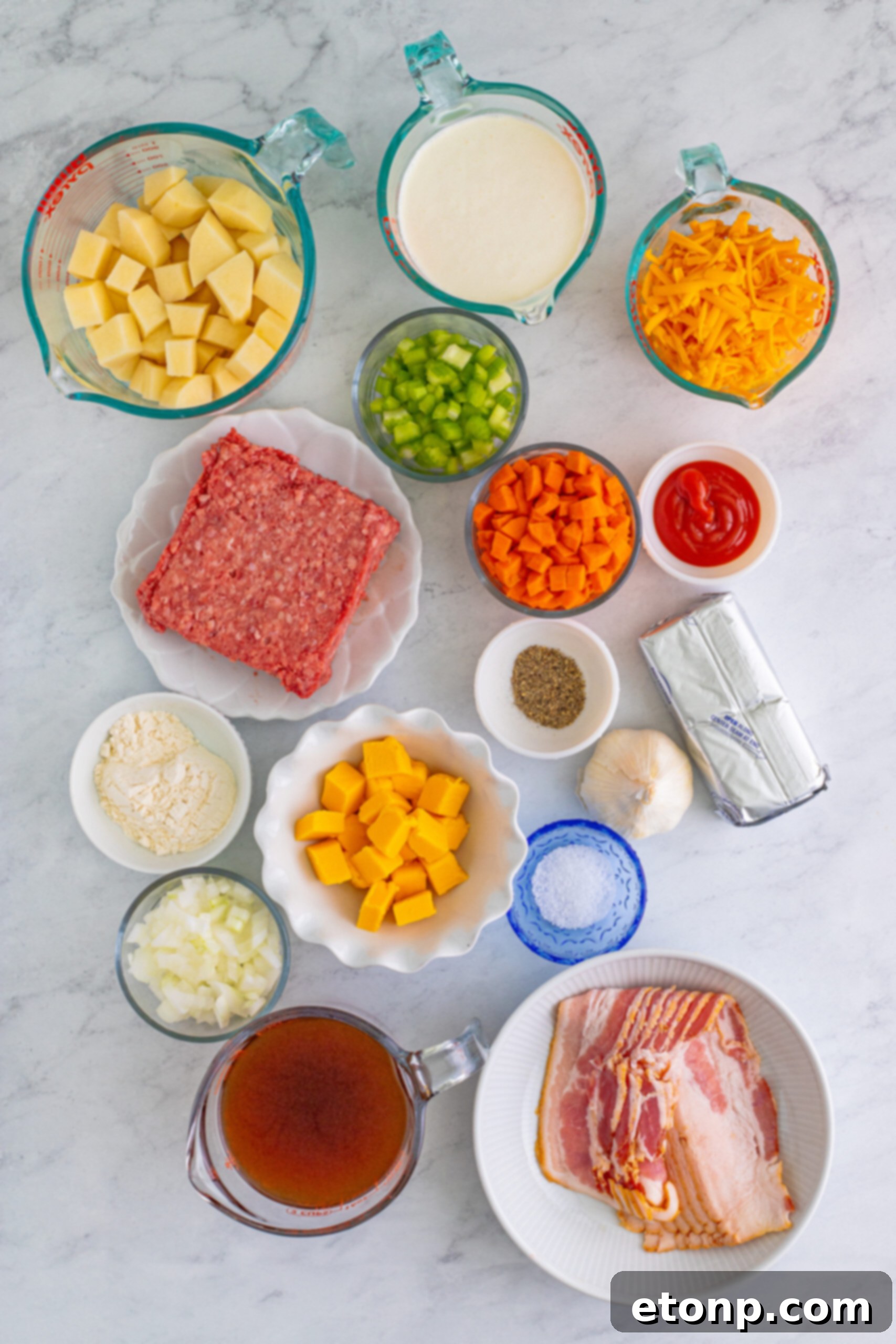 Bacon Cheeseburger Bliss in a Bowl 7 Overhead view of all ingredients needed for this recipe.
