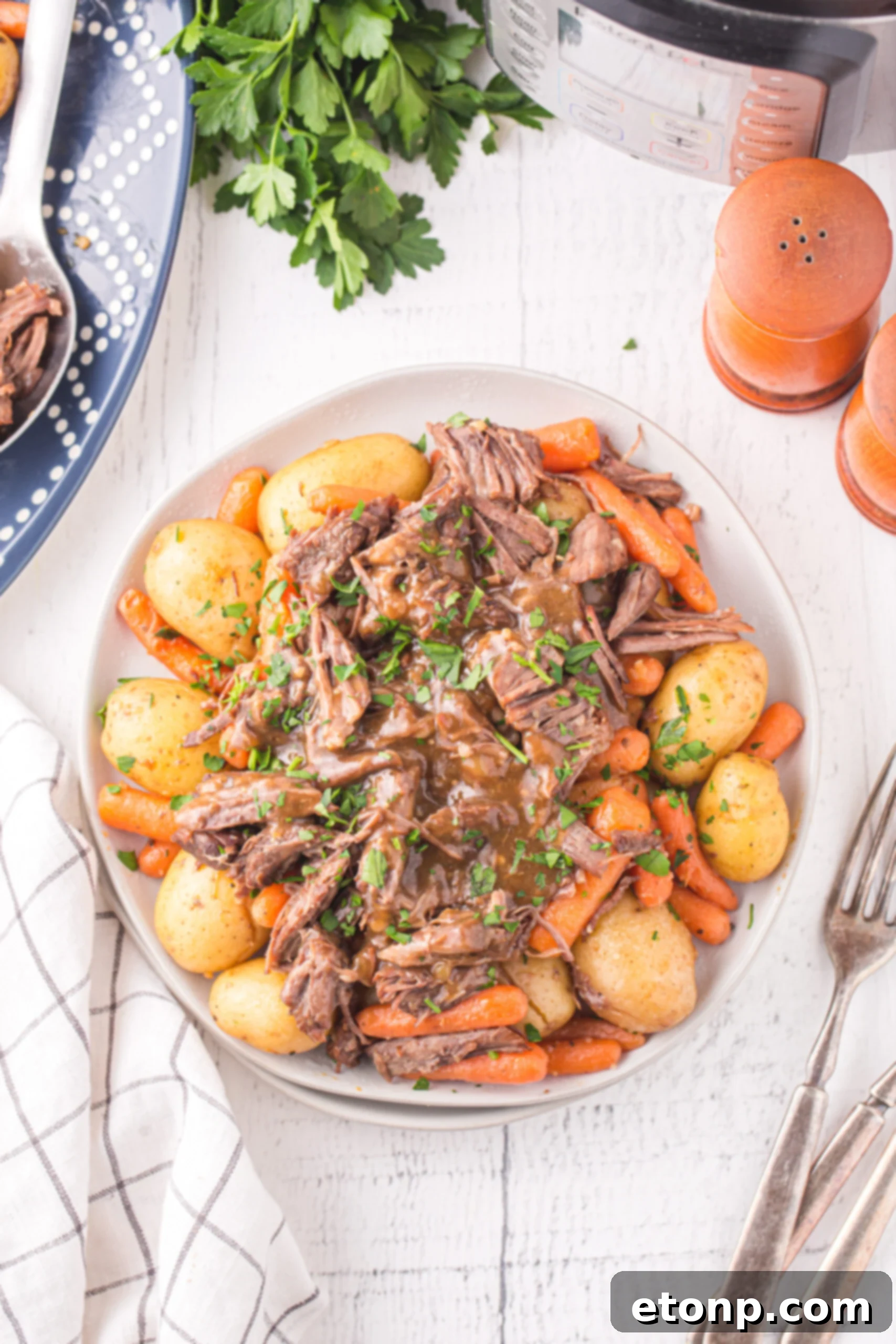 Overhead view of the Pot Roast with potatoes and carrots on a white plate. 
