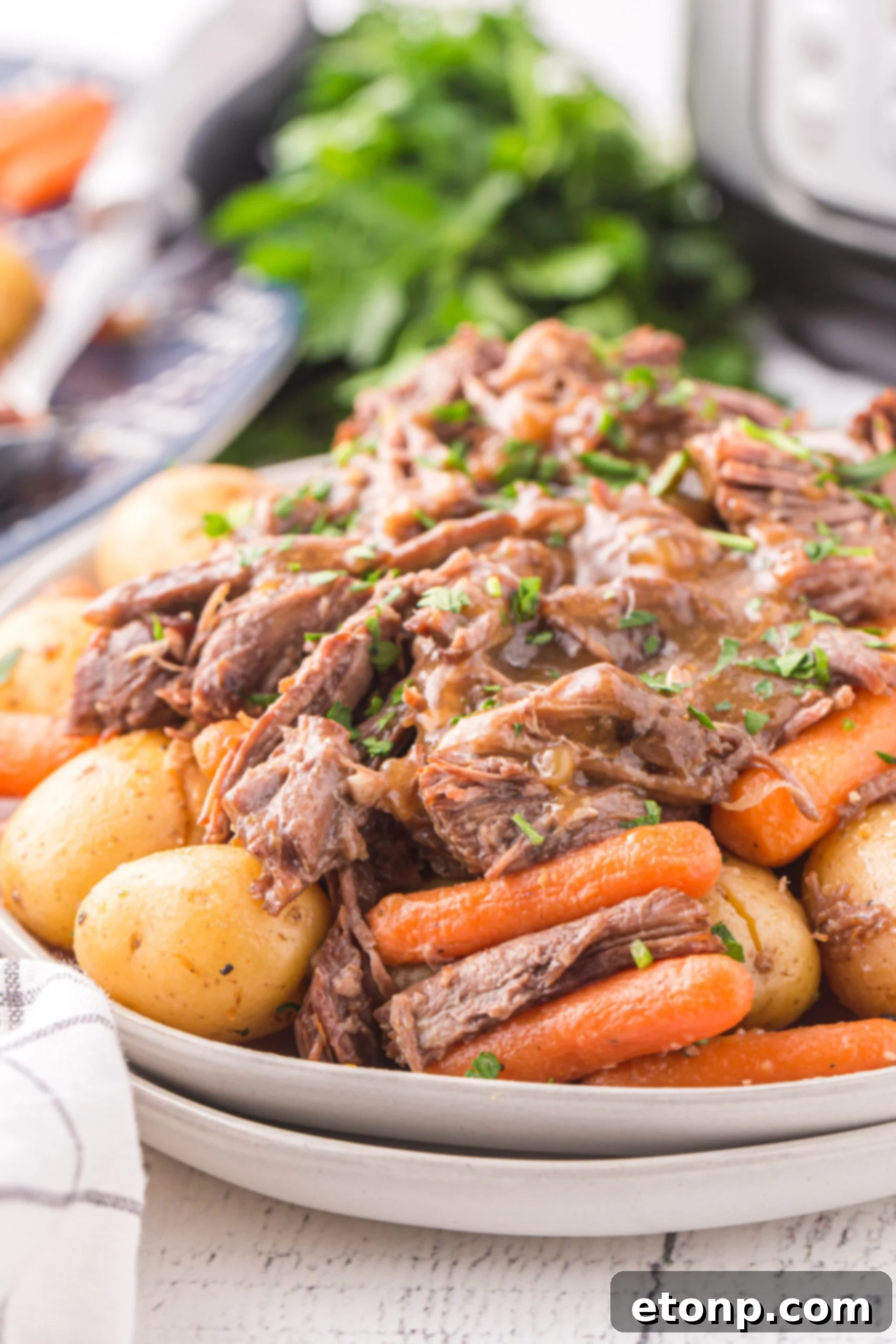 Pot Roast with potatoes and carrots on a white plate. 
