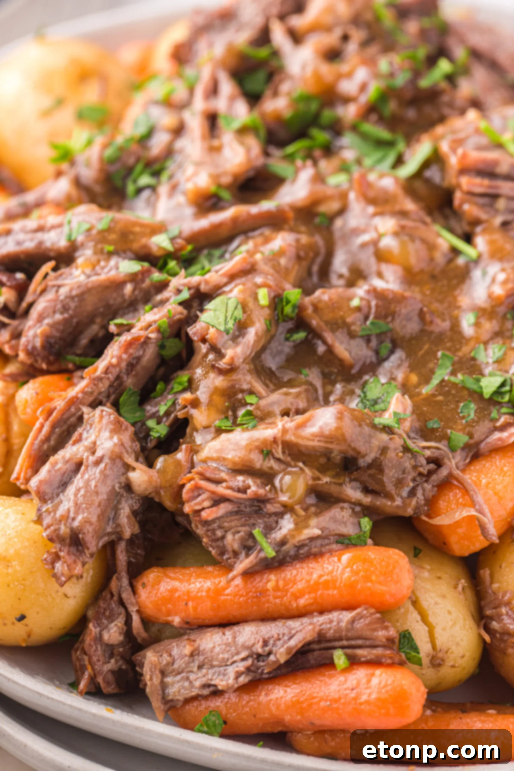 Close up of the Instant Pot Pot Roast topped with fresh parsley. 
