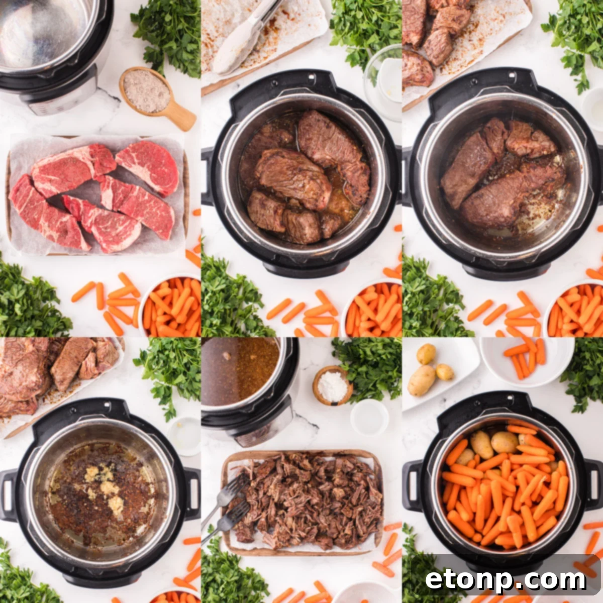 Collage of 6 photos showing the instructional steps how to make the recipe