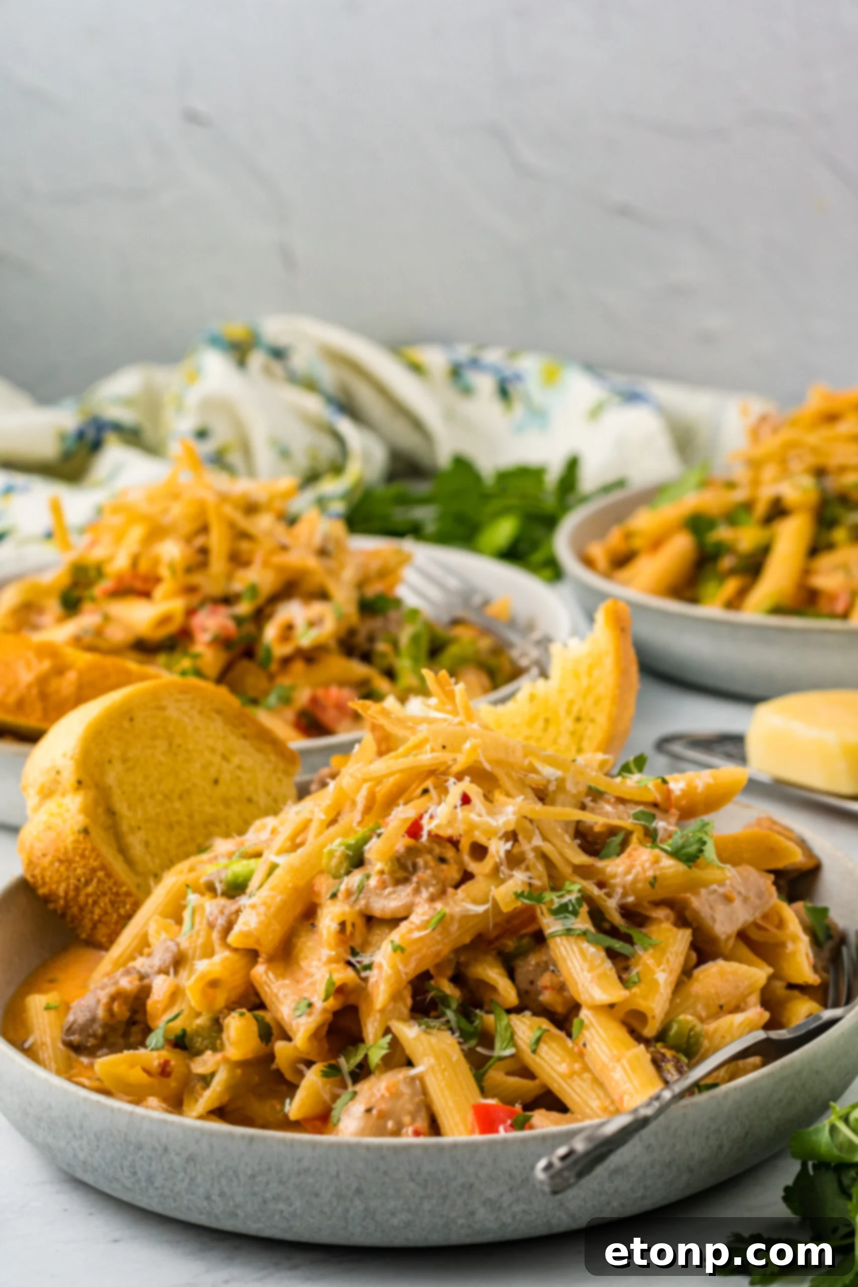 Side view of Cajun Chicken Pasta served in a dish with garlic bread.
