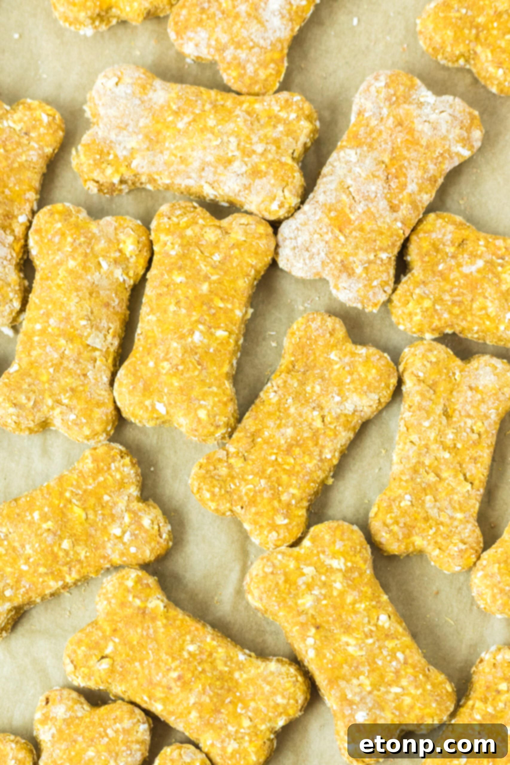 Overhead view of freshly baked Sweet Potato and Pumpkin Dog Treats cooling on a piece of parchment paper, ready to be sampled by a happy dog.