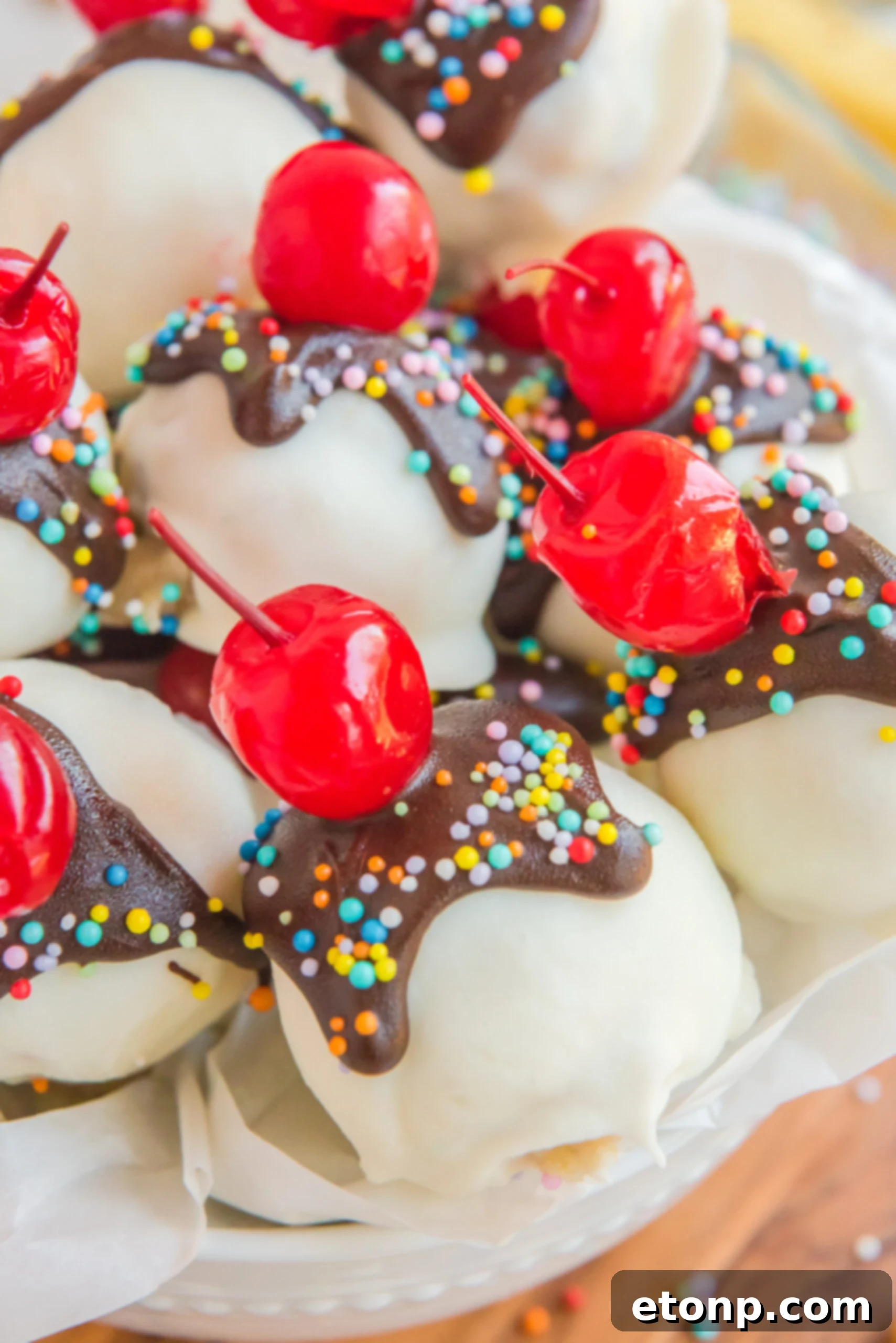 up close view of Banana Truffles in a white bowl