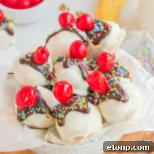 Banana Truffles in a white bowl with sprinkles and cherries.