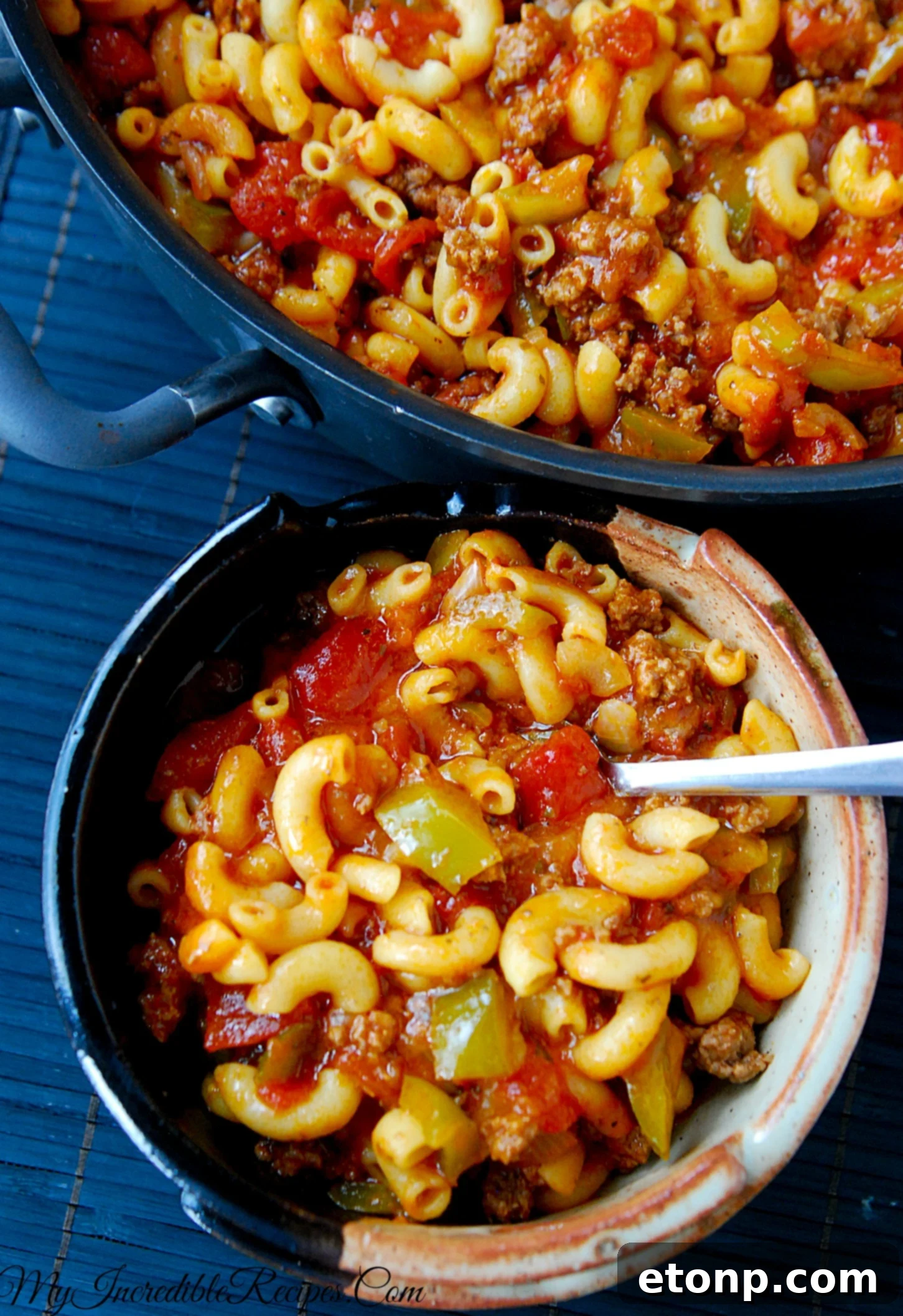 Nana's Classic American Chop Suey 2 Delicious American Chop Suey served in a large skillet