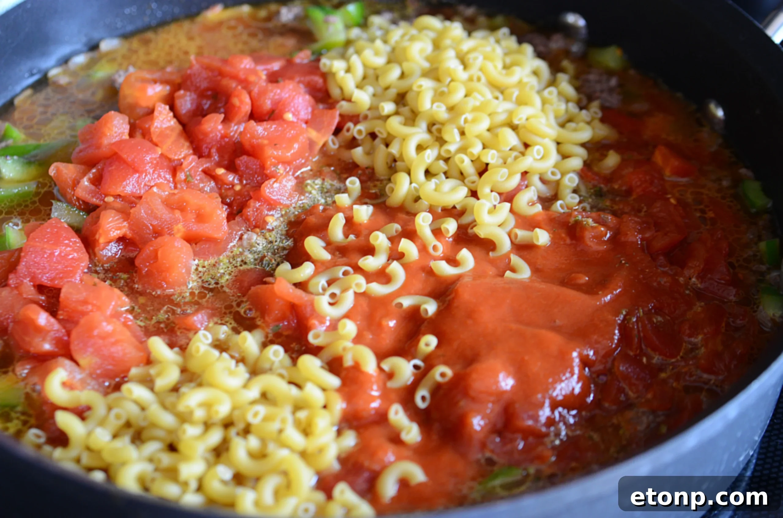 Nana's Classic American Chop Suey 5 Large pot of American Chop Suey simmering on the stove