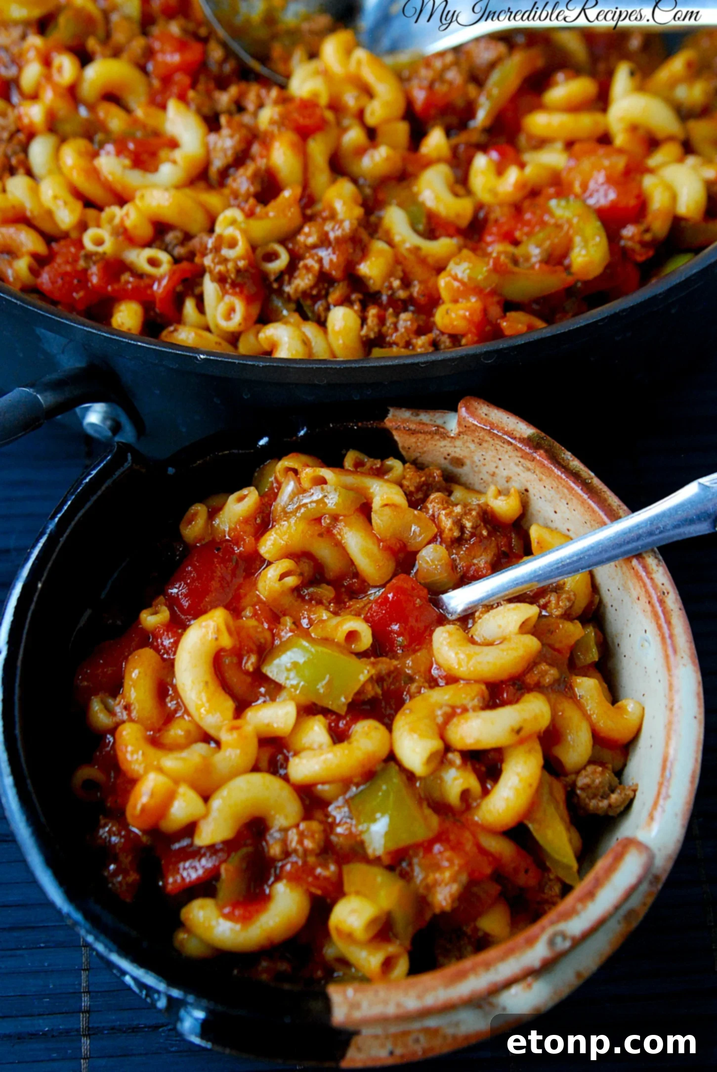 Nana's Classic American Chop Suey 6 Serving of American Chop Suey in a bowl with a fork