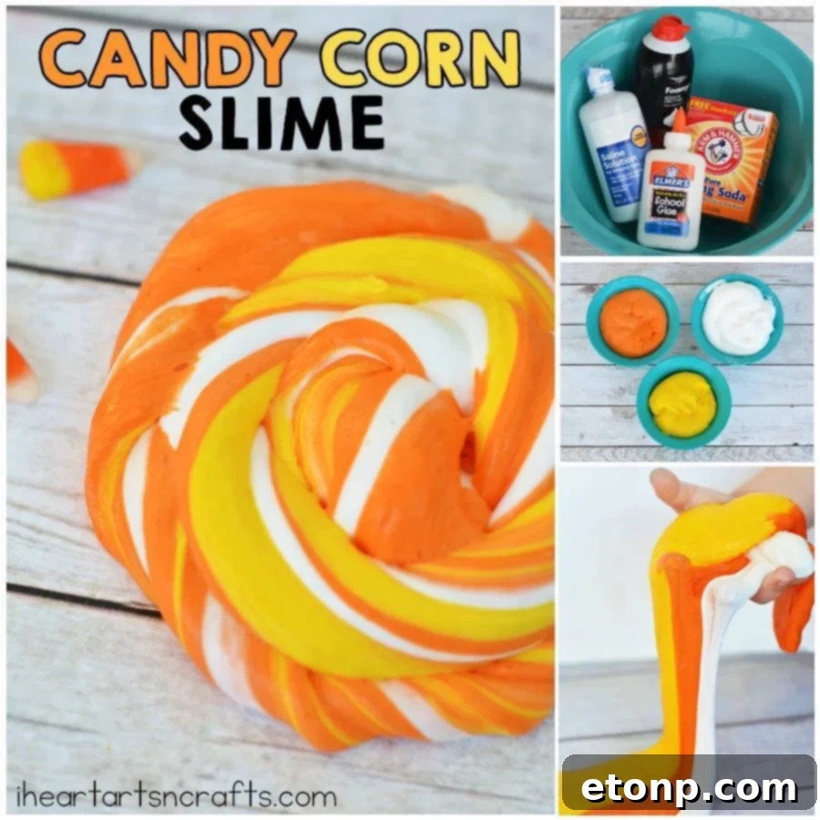 Kids making fluffy candy corn slime, a fun Fall craft activity