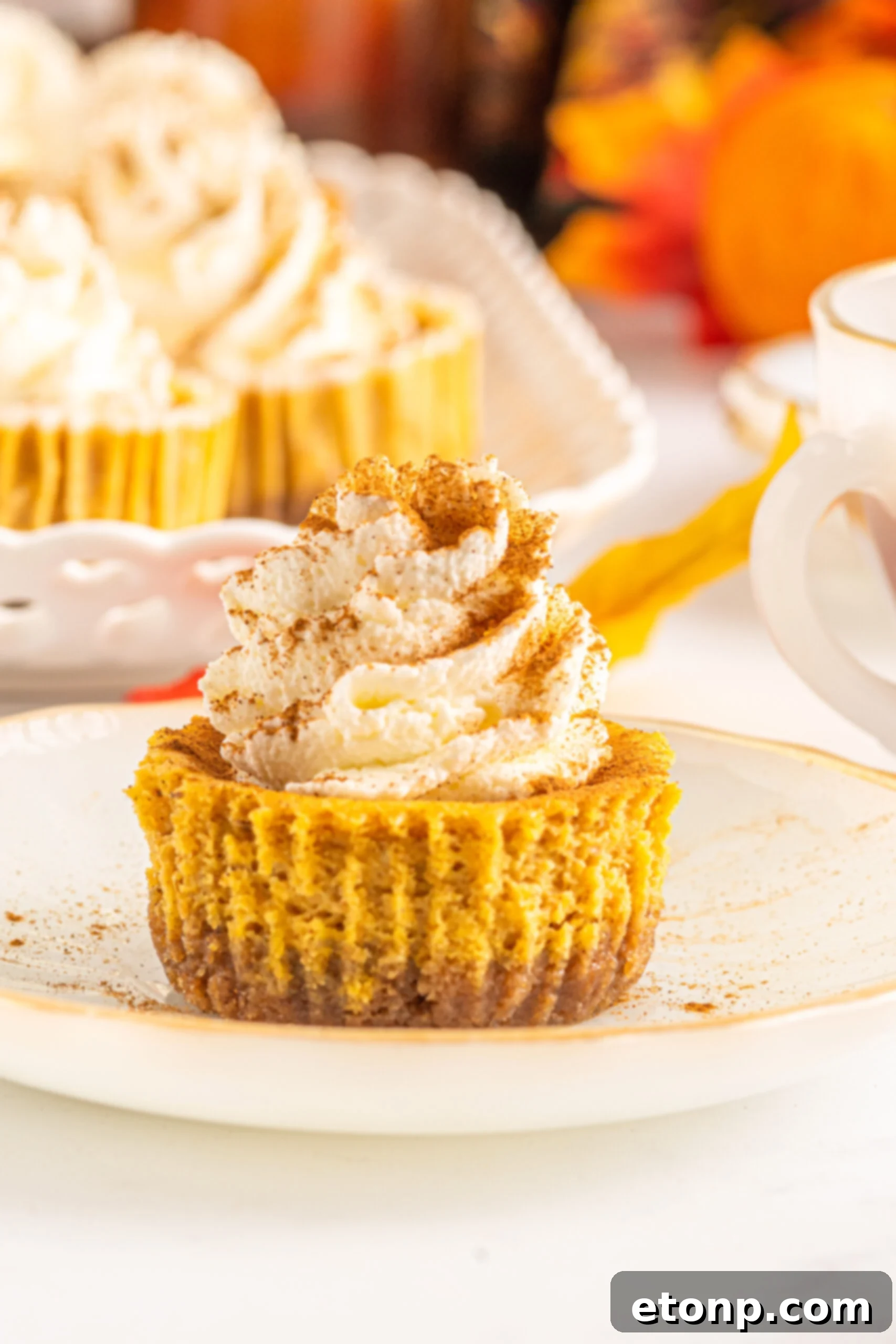 Front view of a single Mini Pumpkin Cheesecake on a white dish, showcasing its perfect form.