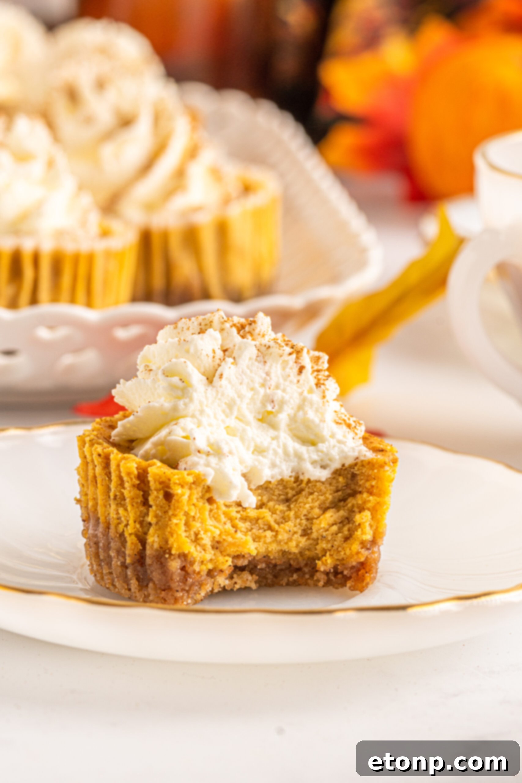 Front view of a Mini Pumpkin Cheesecake on a white dish with a bite taken, revealing its creamy interior.
