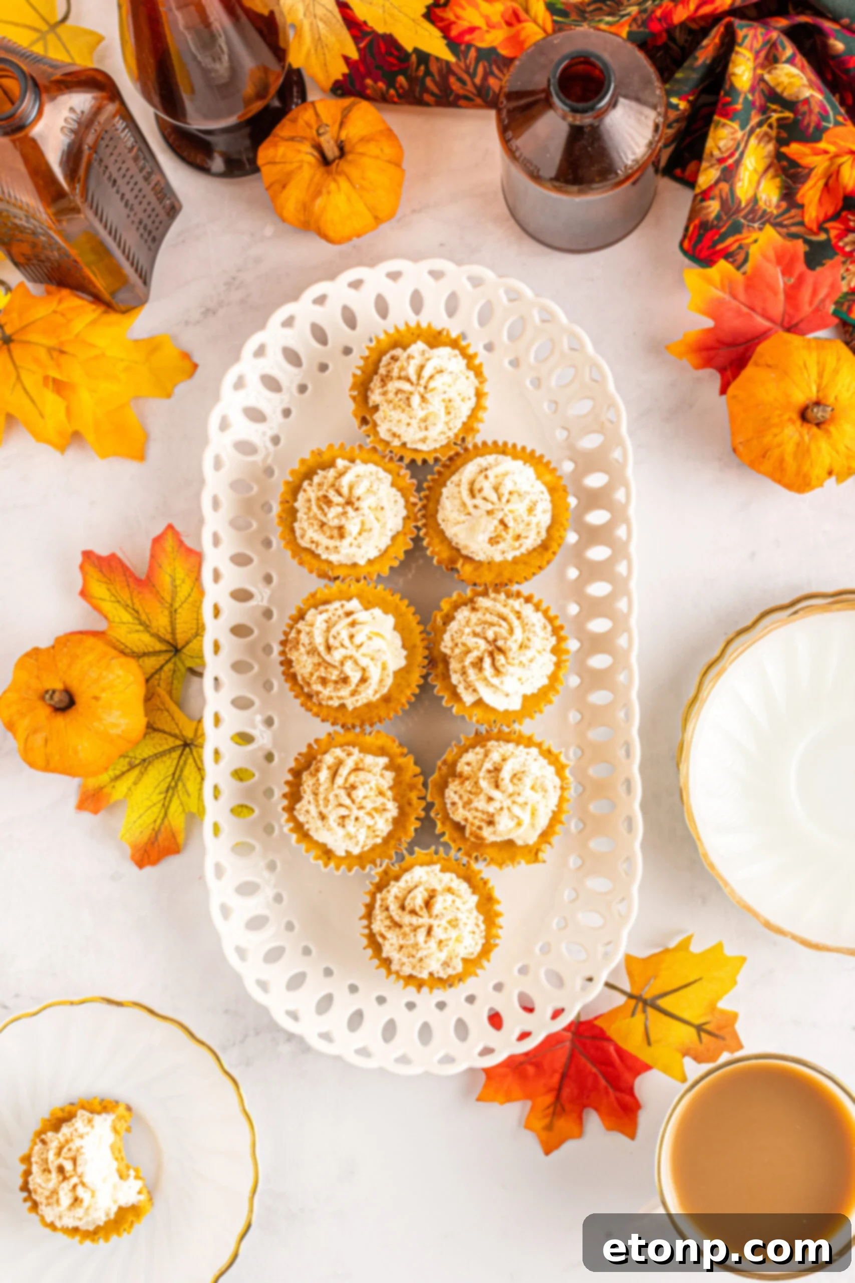 Overhead view of several Mini Pumpkin Cheesecakes on a white serving dish, perfectly golden and garnished.