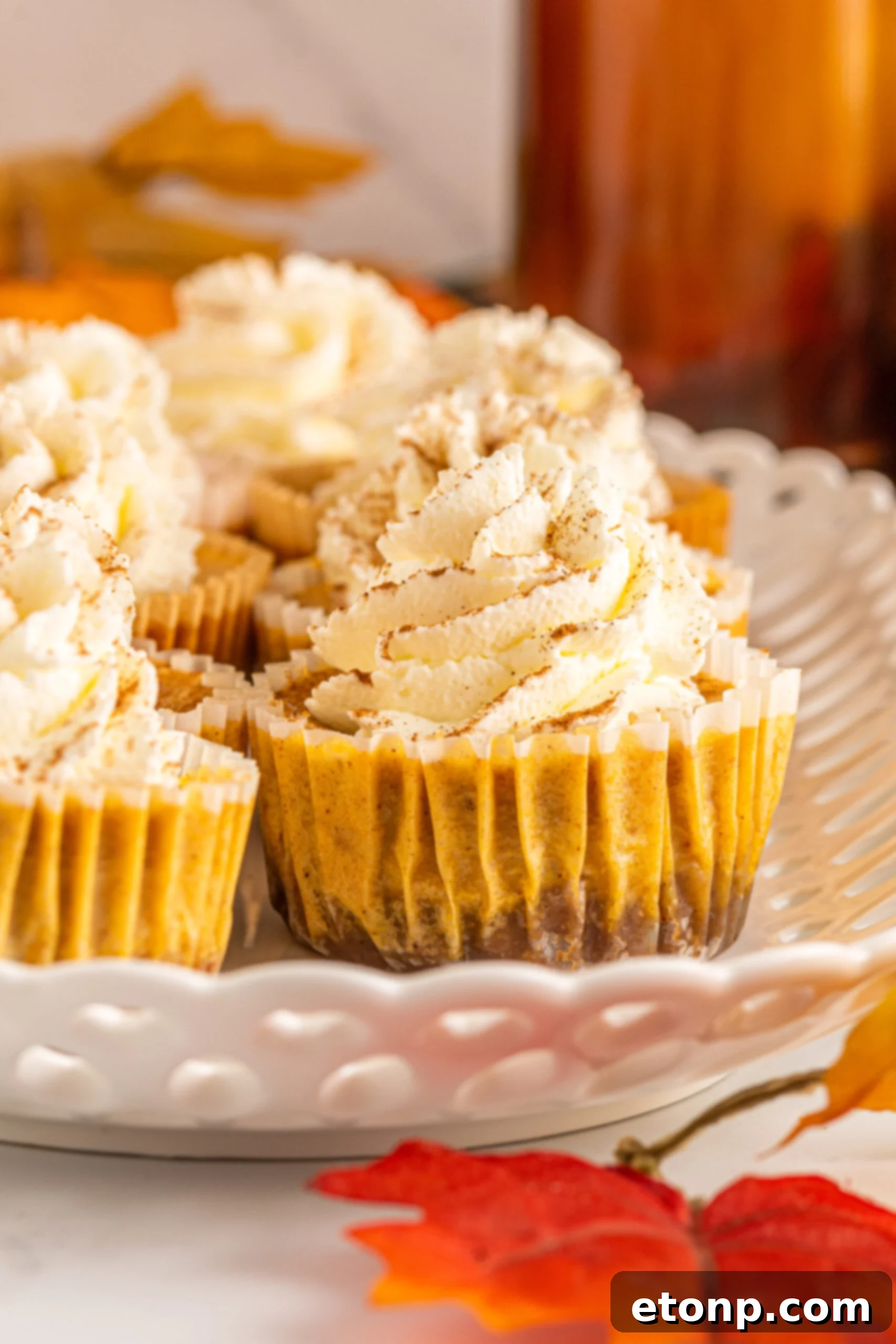 Close-up view of a perfectly baked Mini Pumpkin Cheesecake, showing its creamy texture and crust.