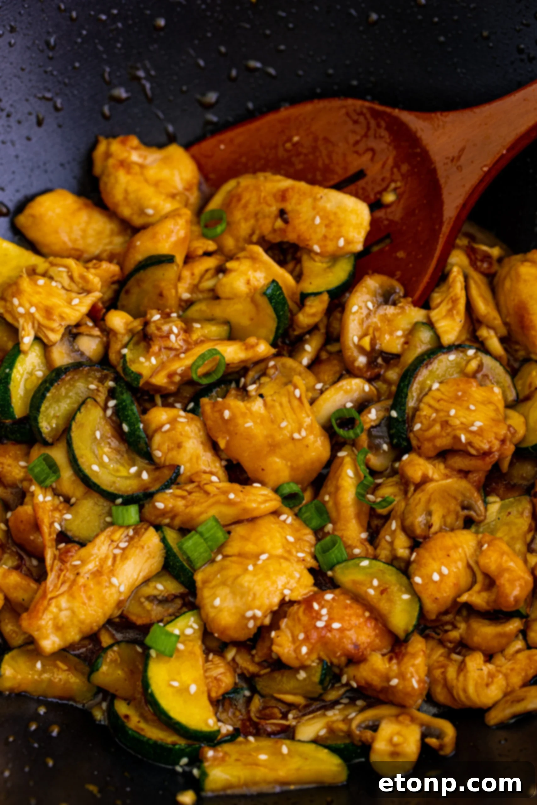 Panda Express Mushroom Chicken in a skillet up close