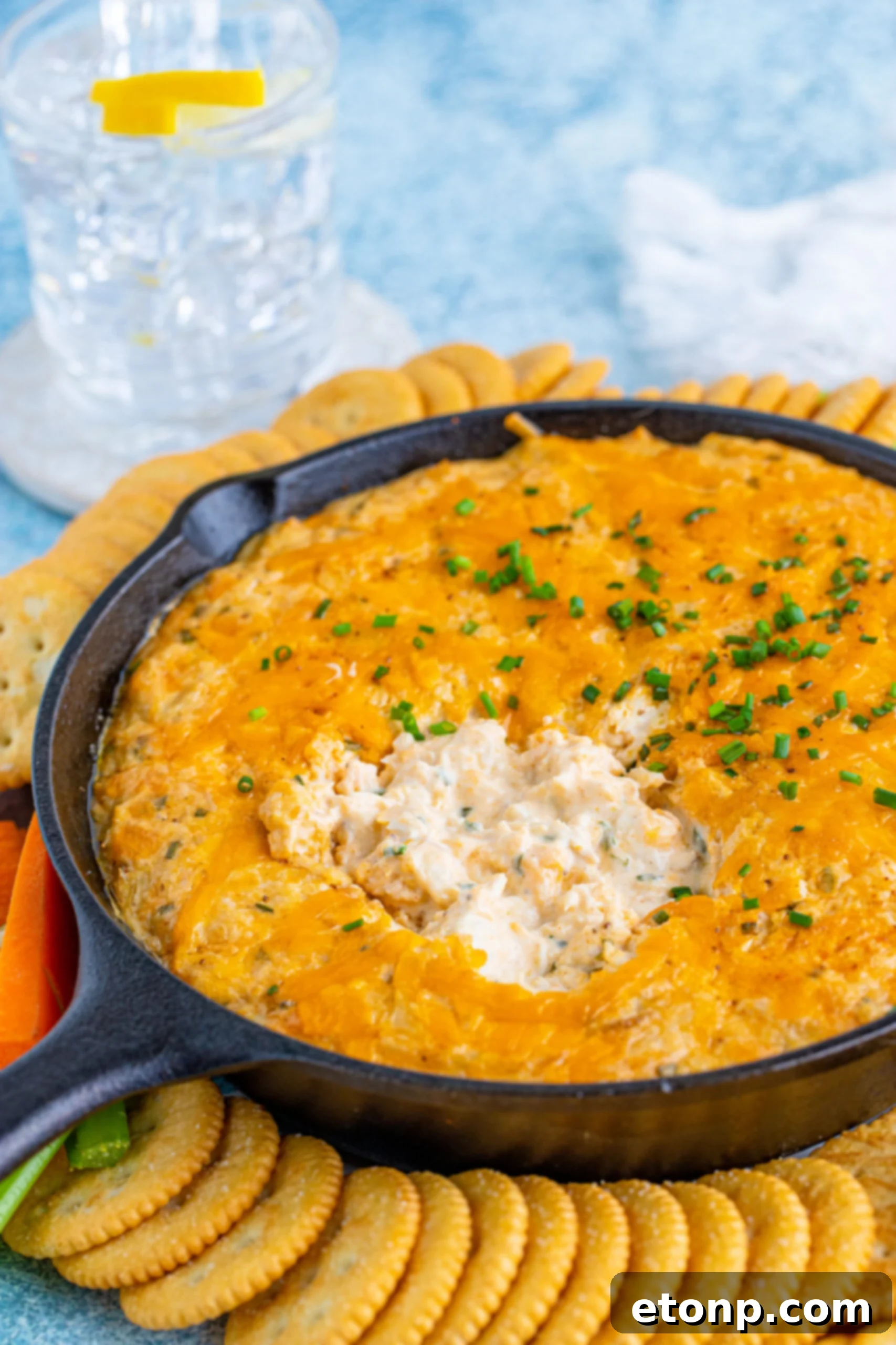 Decadent Crab Delight 2 Front view of Crab Dip Recipe in a cast iron skillet served with crackers and vegetables.