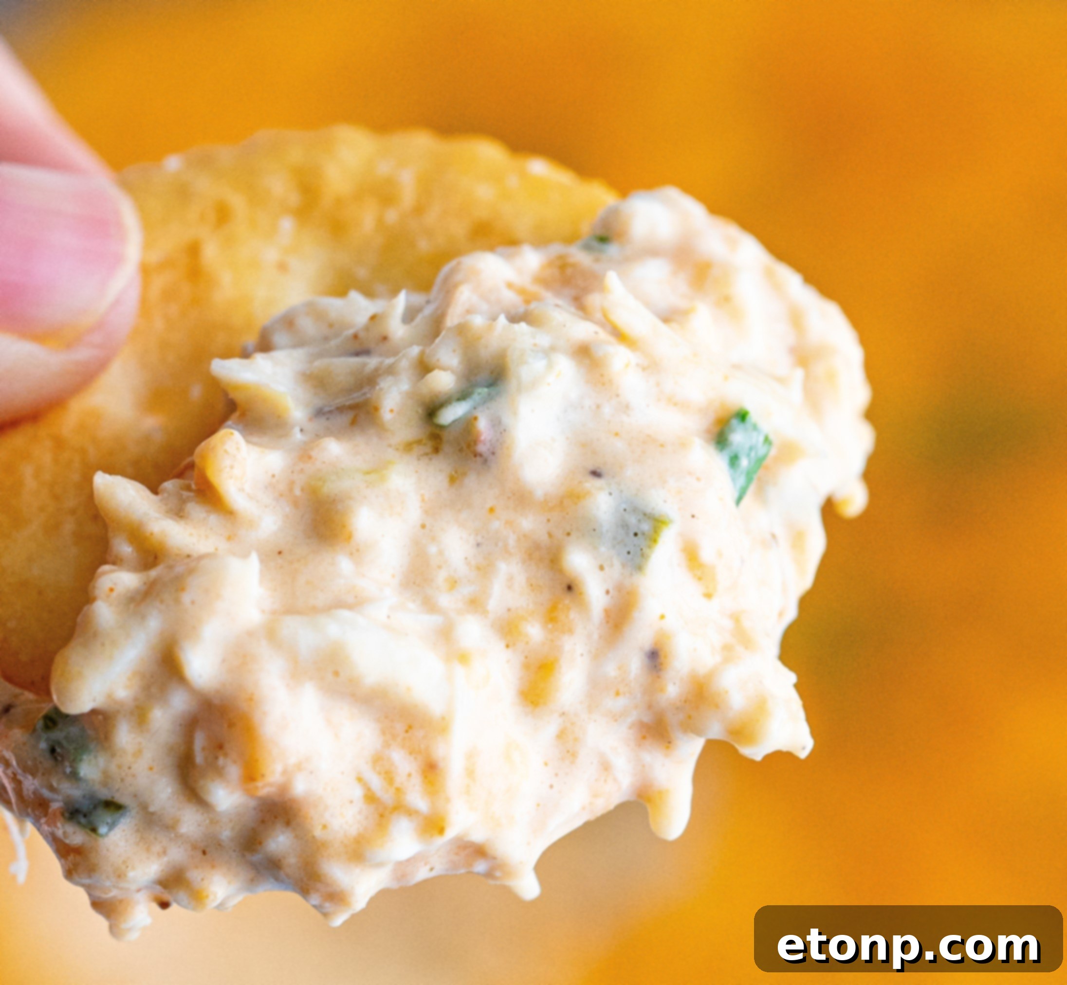 Decadent Crab Delight 16 crab dip on a cracker being held up