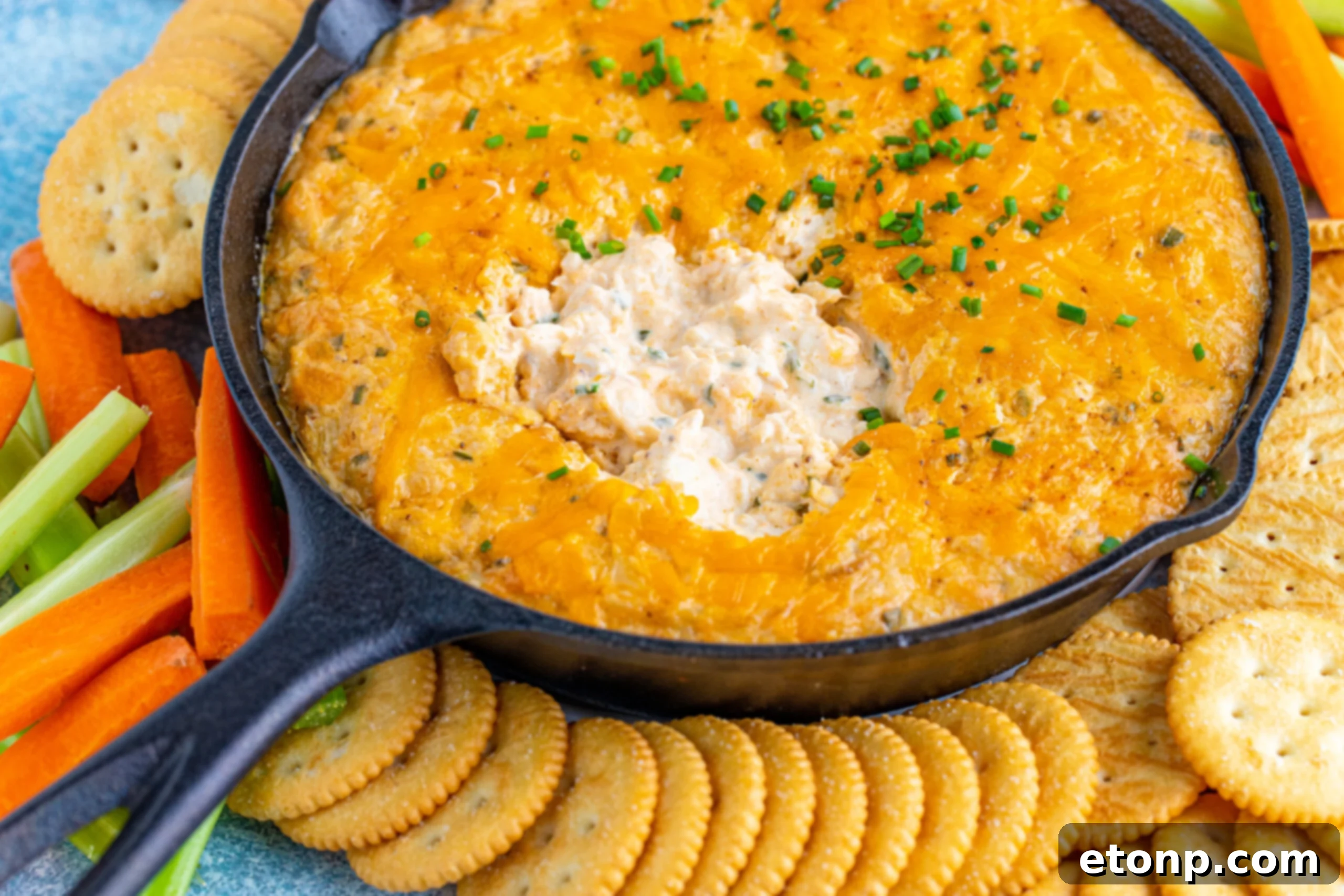 Decadent Crab Delight 4 Front view of Crab Dip Recipe in a cast iron skillet served with crackers and vegetables.