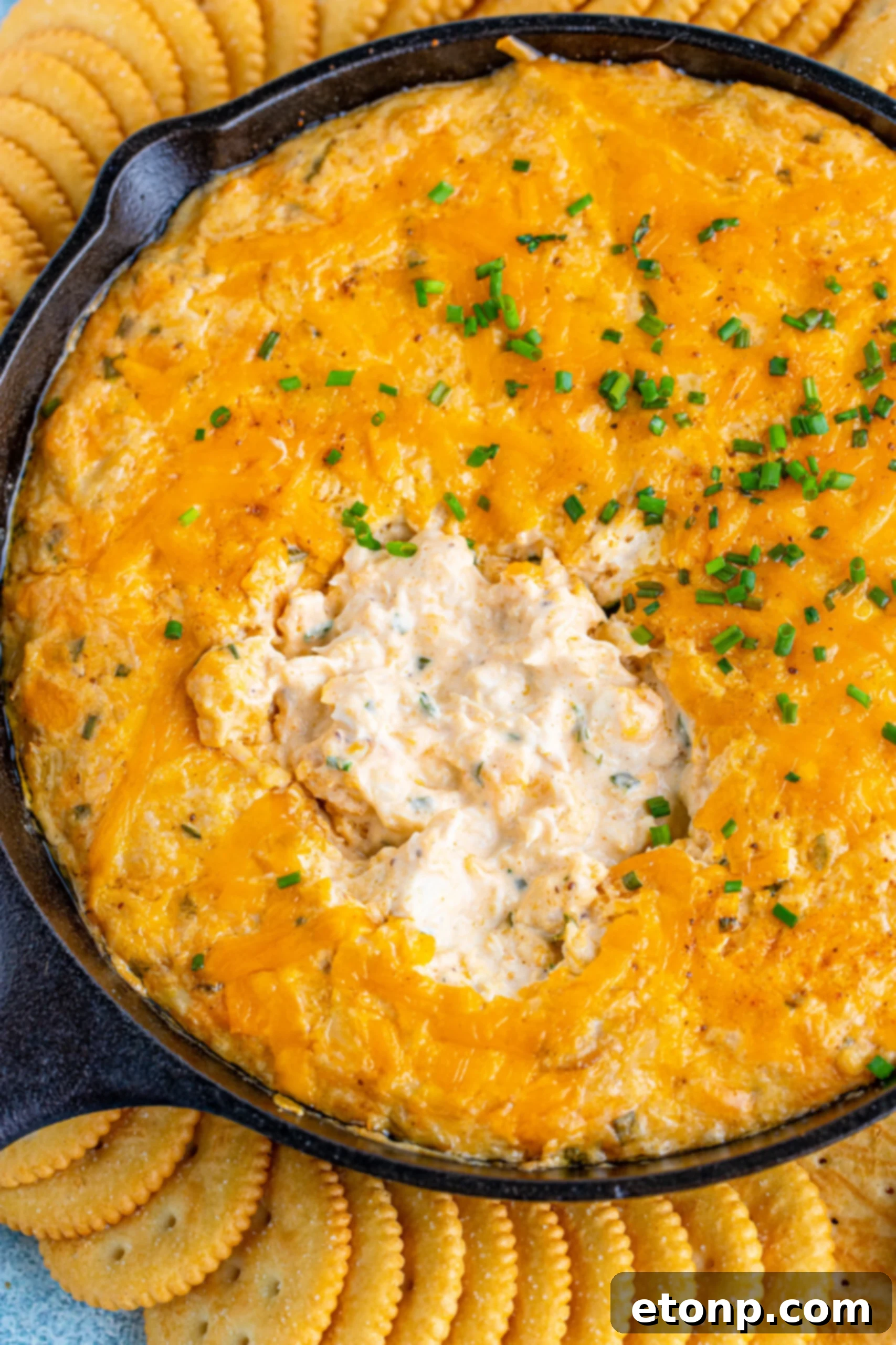Decadent Crab Delight 6 Overhead view of Crab Dip Recipe in a cast iron skillet served with crackers.