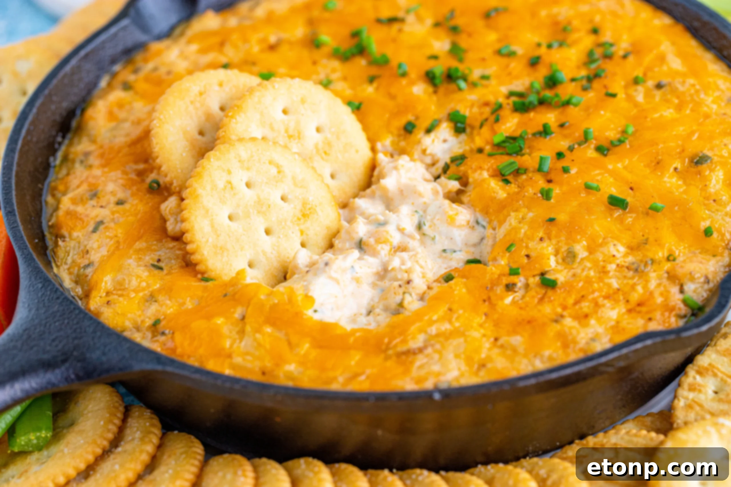 Decadent Crab Delight 7 Front view of Crab Dip Recipe in a cast iron skillet served with crackers and vegetables.