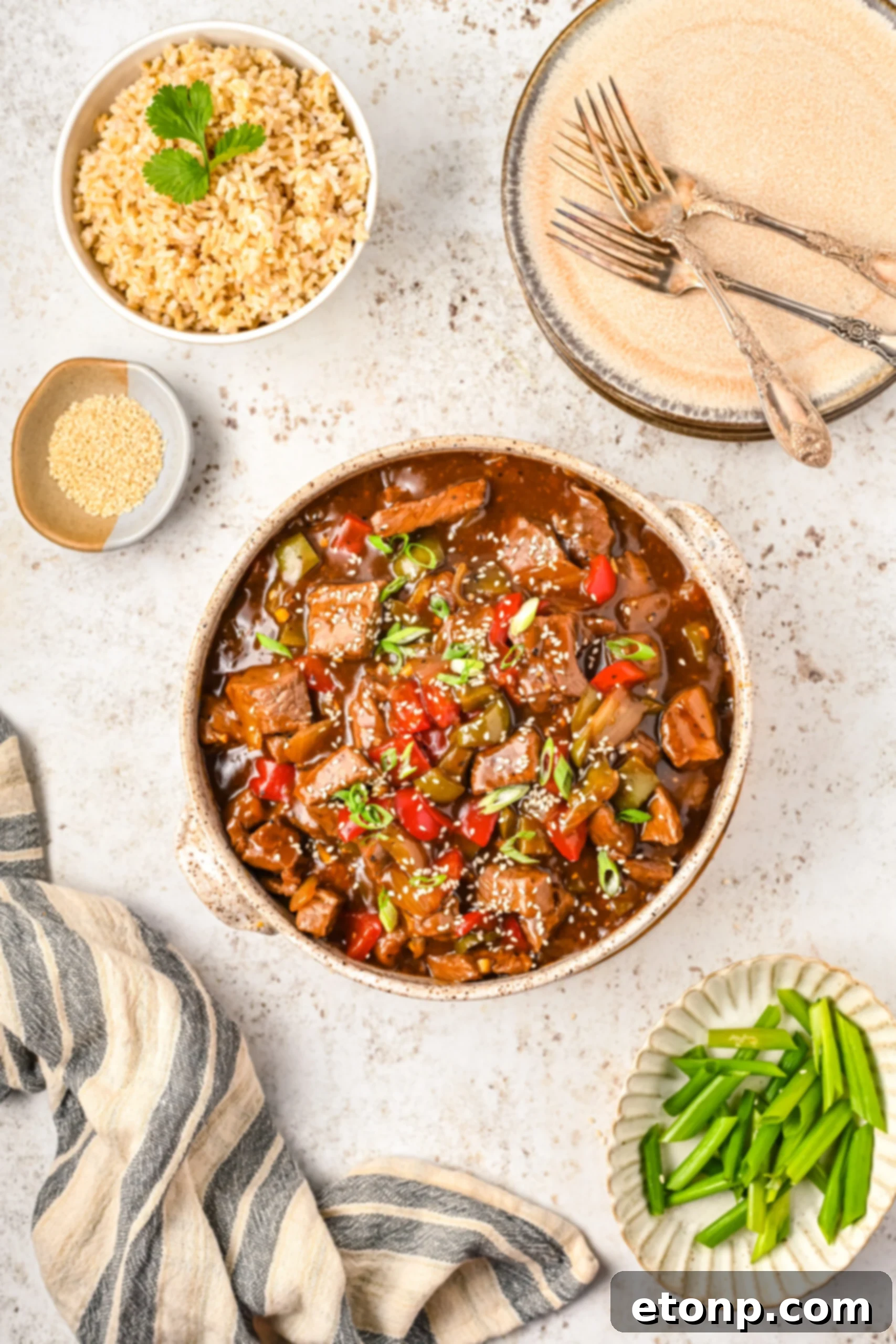 Overhead view of Chinese Pepper Steak in a baking dish.