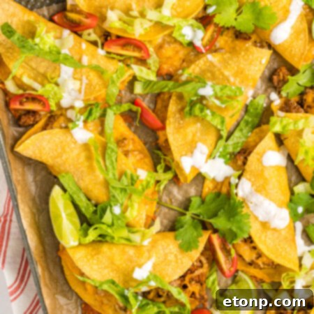 Crispy Beef Tacos prepared and ready to be served, an overhead shot.