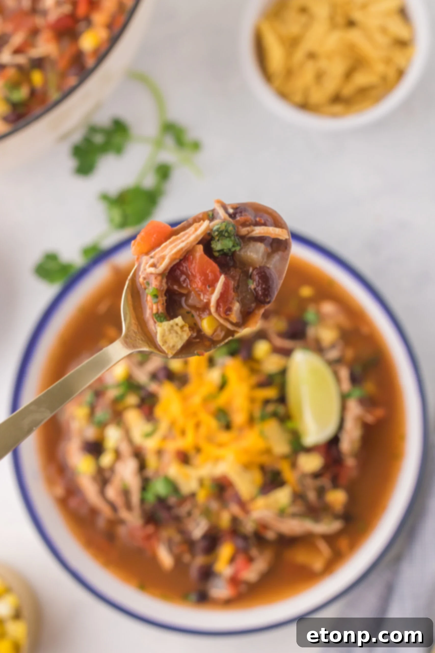 An overhead shot of a bowl of Chicken Taco Soup with a spoon lifting a portion, revealing the rich and colorful ingredients.