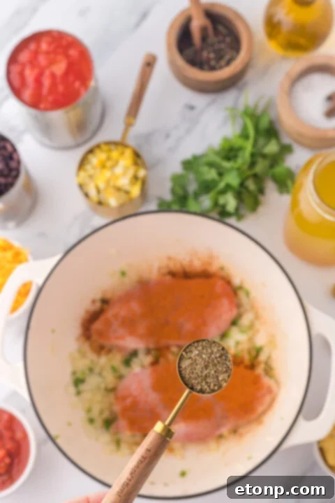 A ladleful of chicken taco soup being poured into a bowl, showcasing its chunky texture.