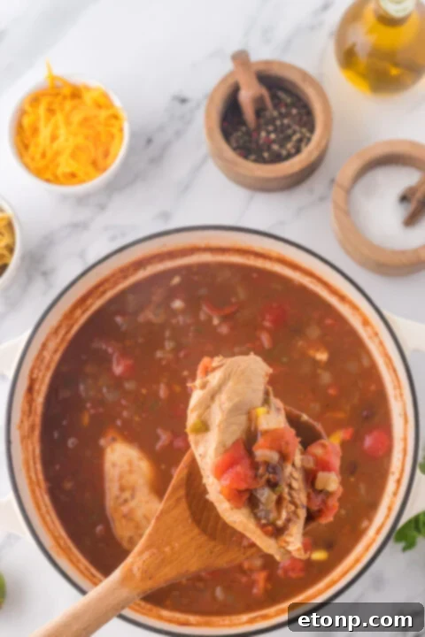 A full pot of chicken taco soup ready to be served, showing steam rising.