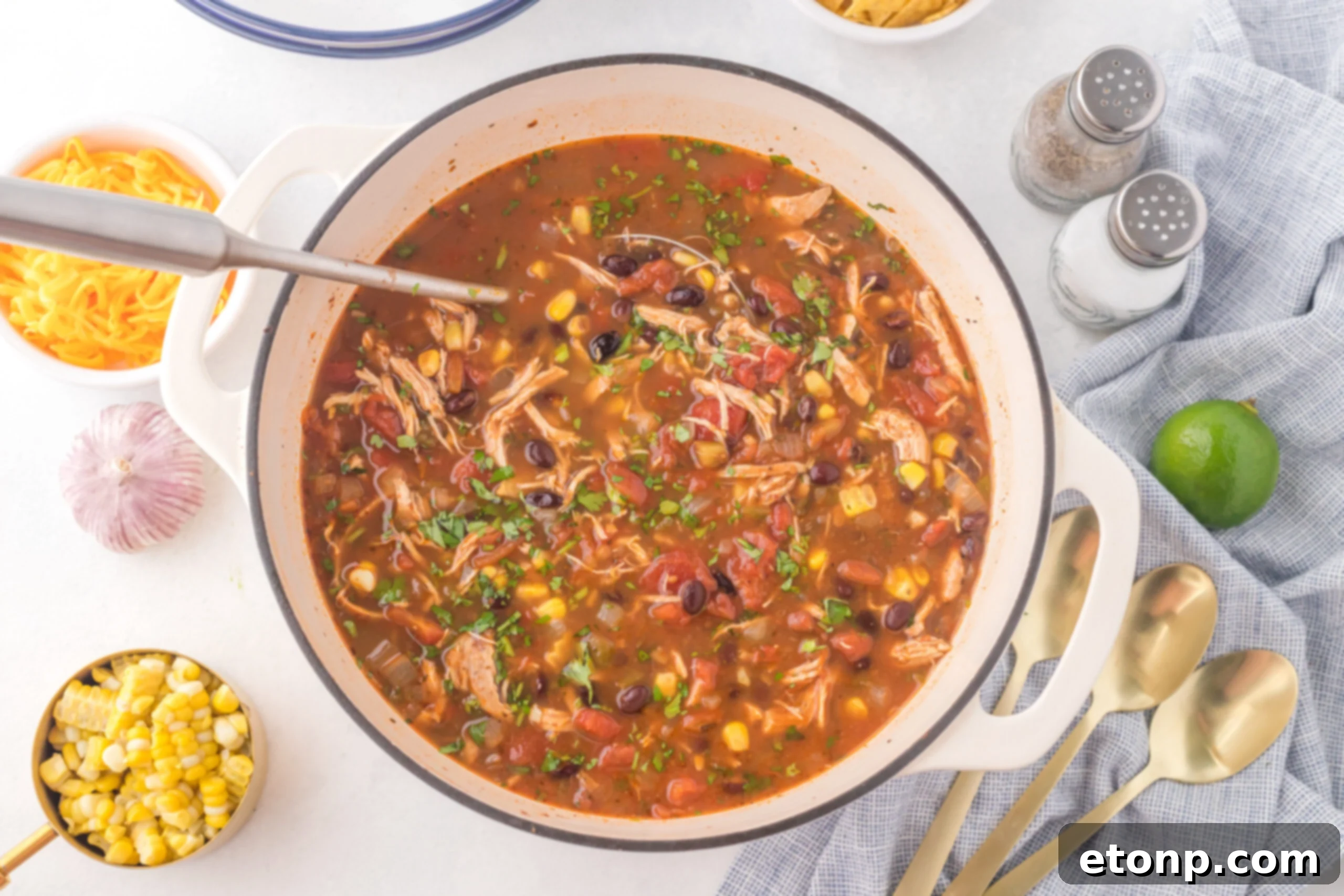A vibrant and fresh Chicken Taco Soup garnished with avocado, cilantro, and lime, ready to serve.