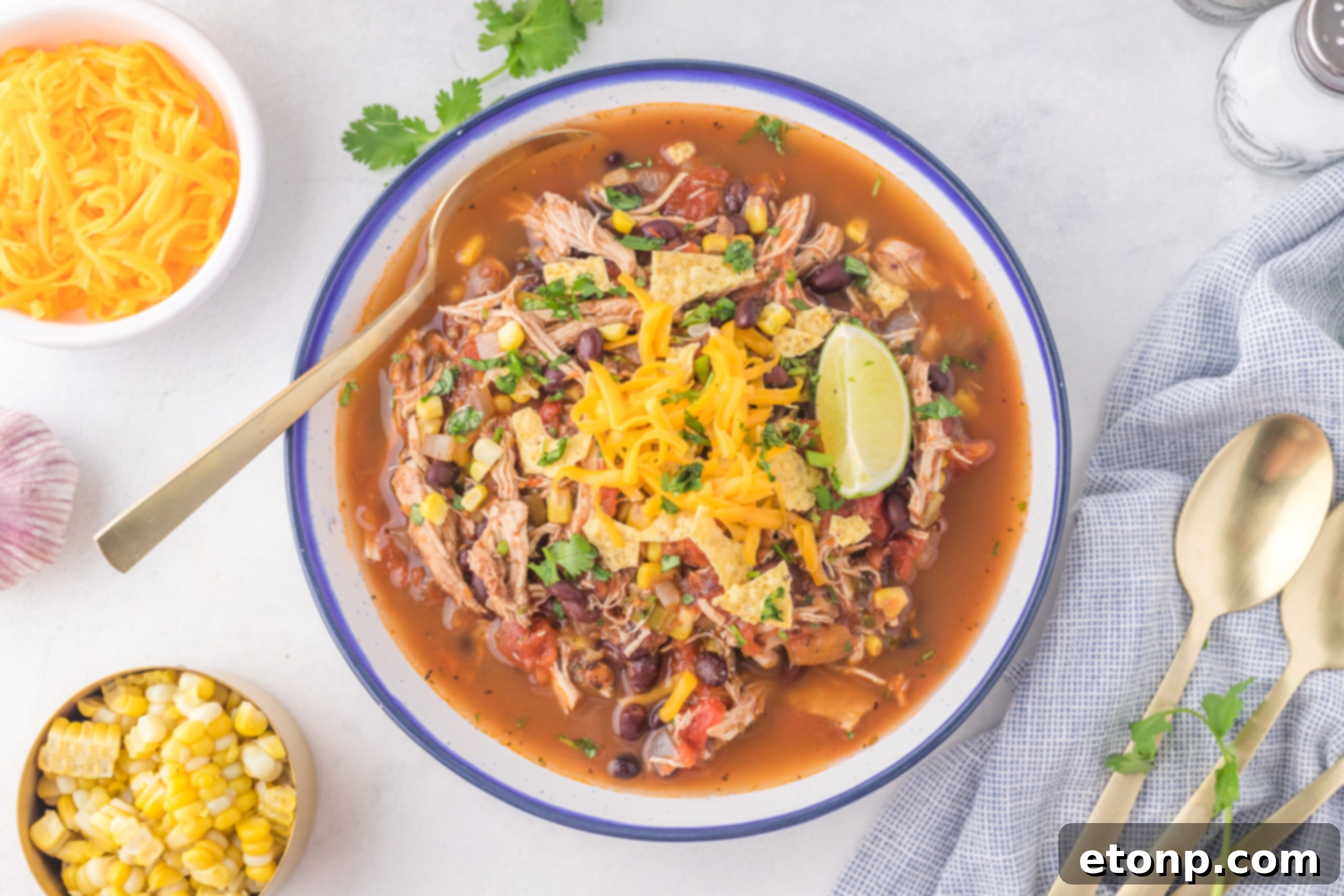 An overhead view of a bowl of Chicken Taco Soup garnished with fresh cilantro and a golden spoon ready to enjoy.