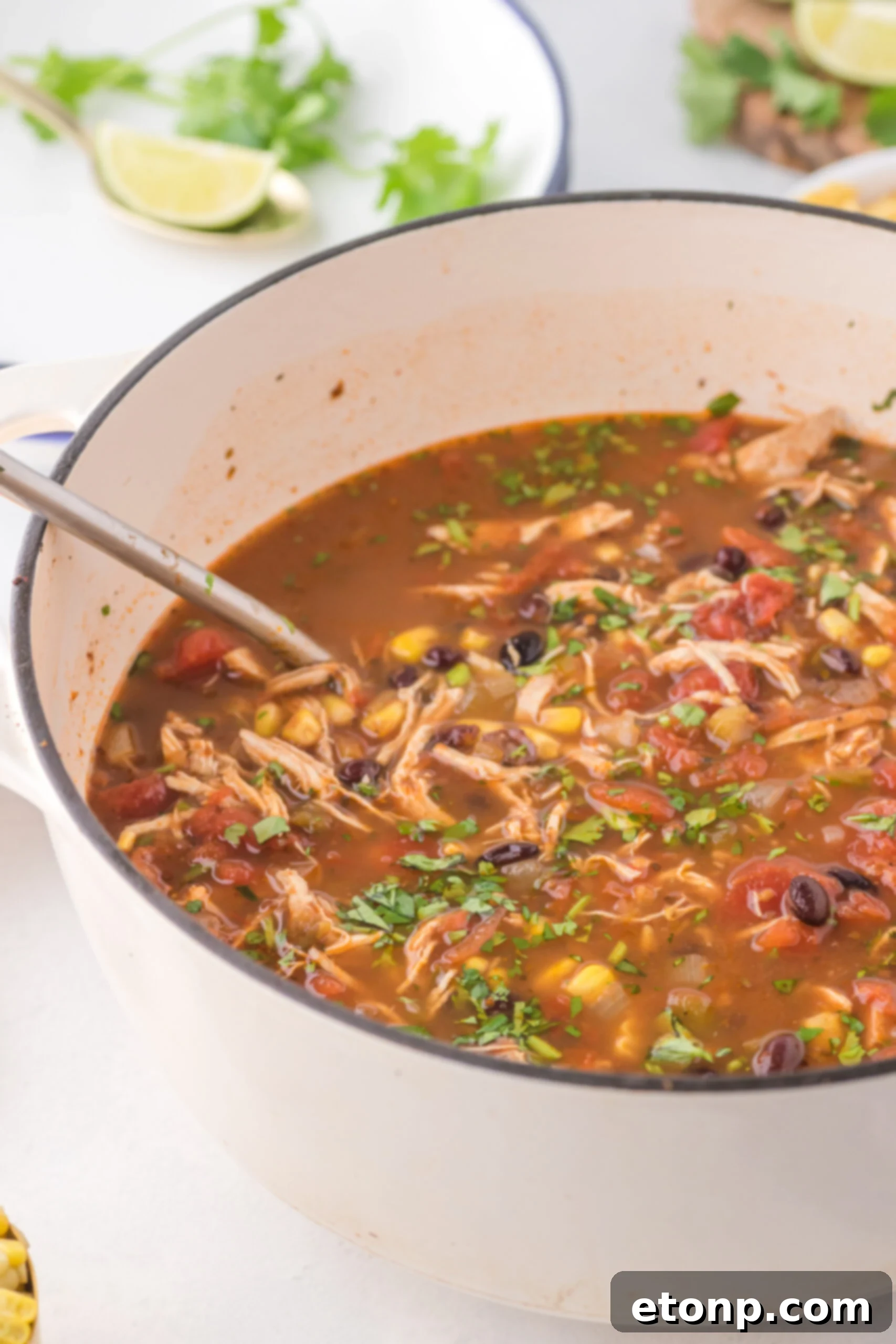 A close-up of vibrant Chicken Taco Soup simmering in a white enameled pot, showcasing its rich colors and textures.